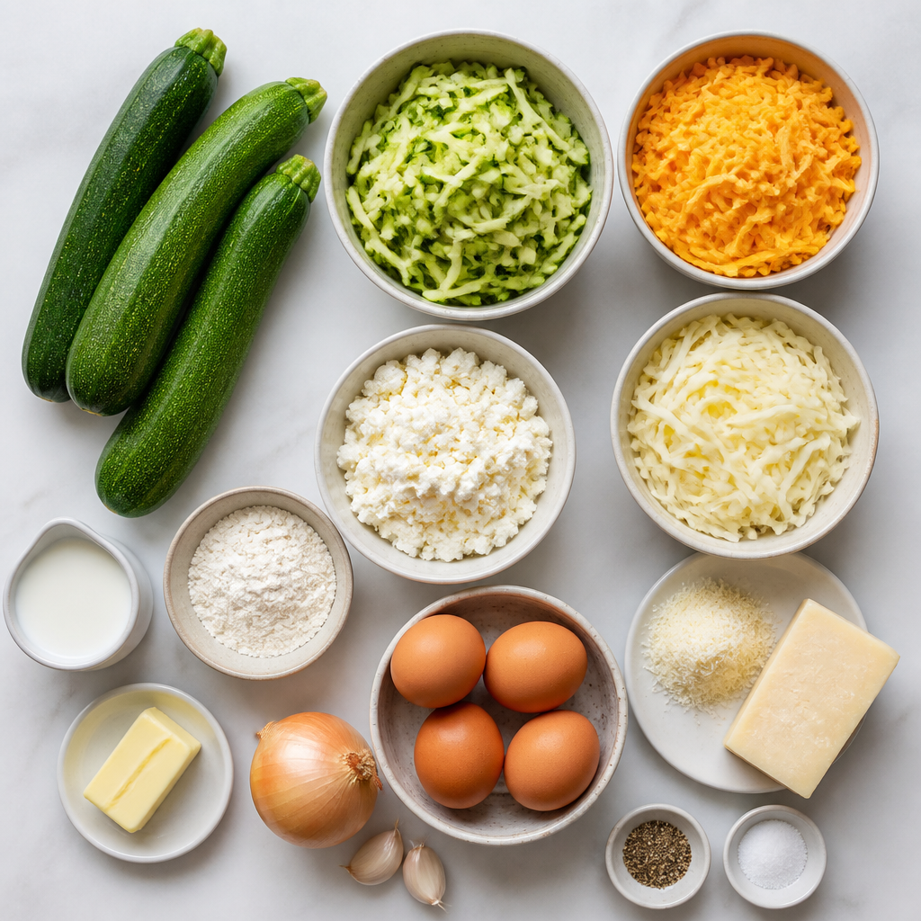 Overhead flat-lay of all ingredients for Zucchini Casserole With Three Cheese Crust laid out on a kitchen surface.