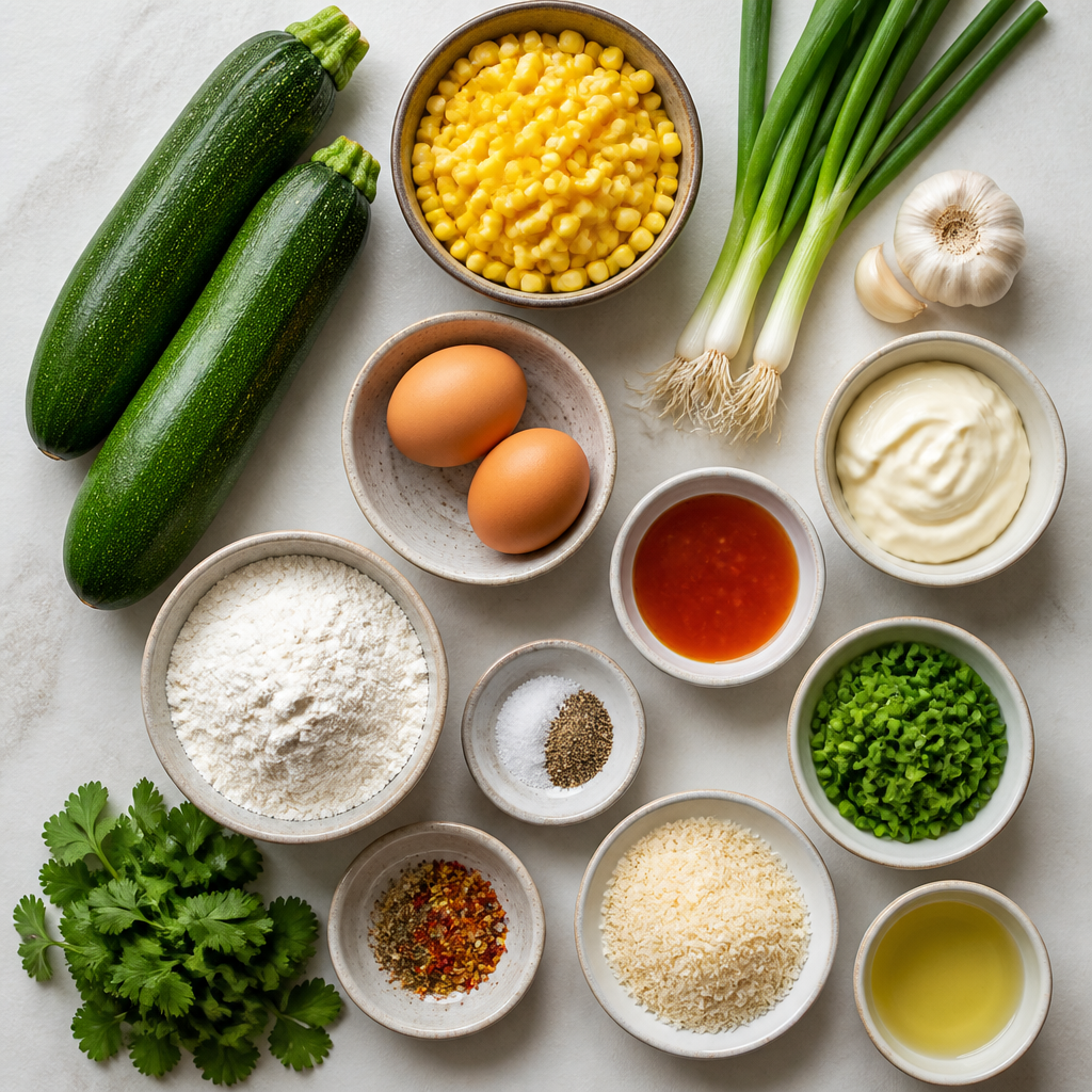 Overhead flat-lay of all ingredients for Zucchini Corn Fritters With Spicy Scallion Aioli laid out on a kitchen surface.