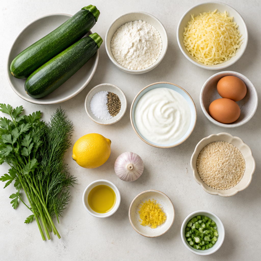 Overhead flat-lay of all ingredients for Zucchini Fritters With Lemon Yogurt Dip laid out on a kitchen surface.