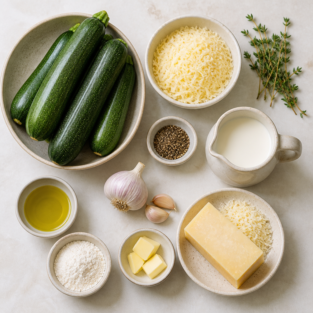 Overhead flat-lay of all ingredients for Zucchini Gratin With Gruyere And Thyme laid out on a kitchen surface.