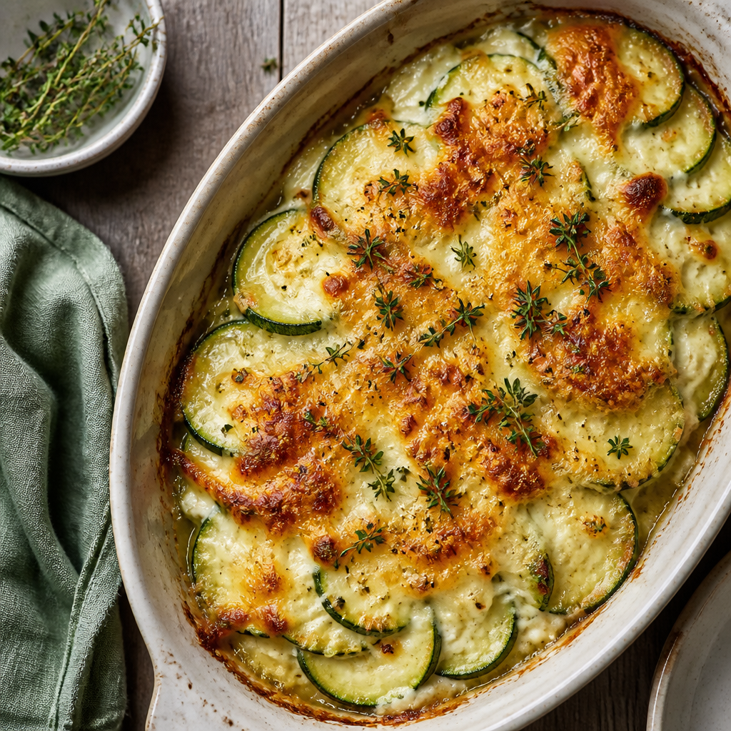 Zucchini Gratin With Gruyere And Thyme — French-inspired Side Dish served and photographed from above