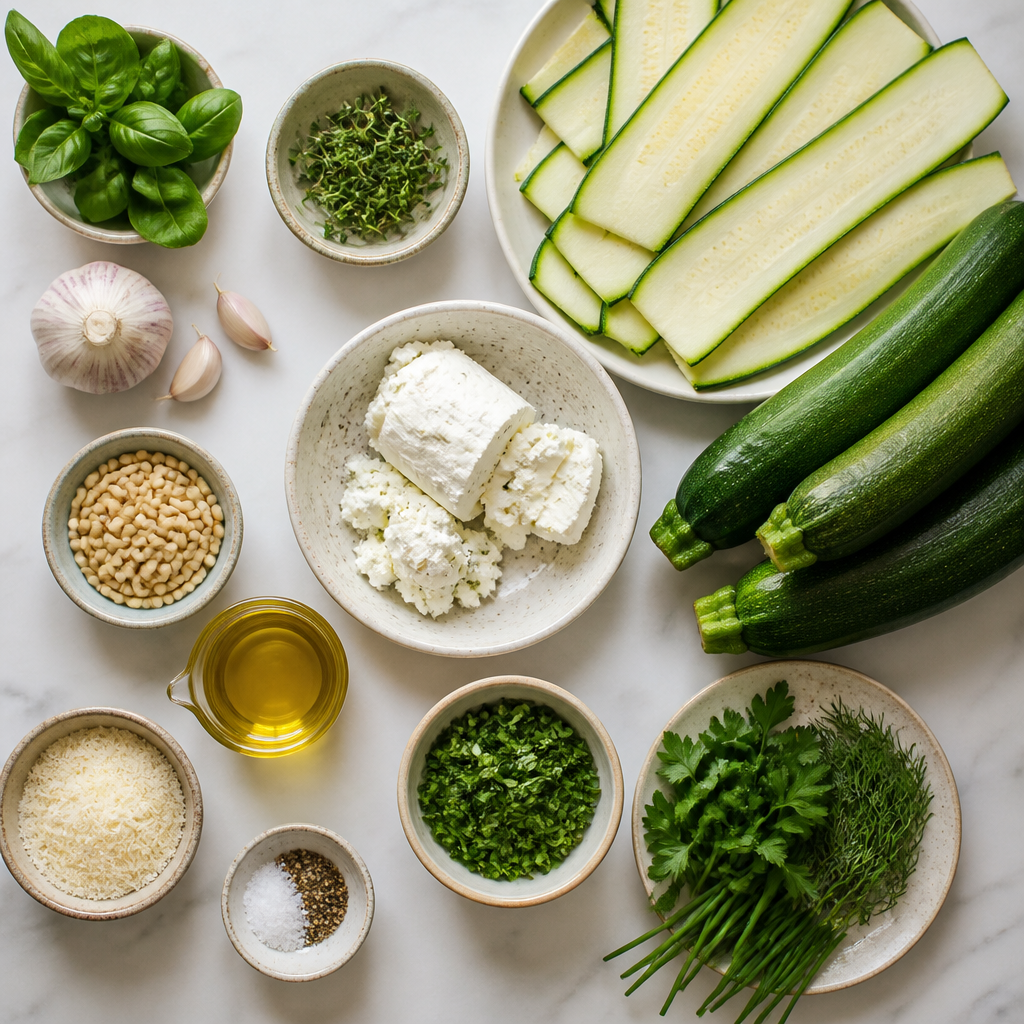 Overhead flat-lay of all ingredients for Zucchini Involtini With Herbed Goat Cheese laid out on a kitchen surface.
