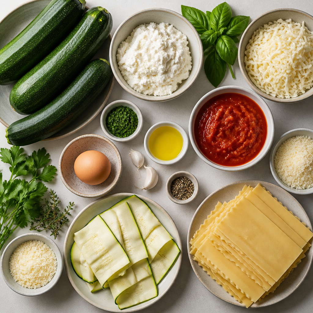 Overhead flat-lay of all ingredients for Zucchini Lasagna With Herbed Ricotta laid out on a kitchen surface.