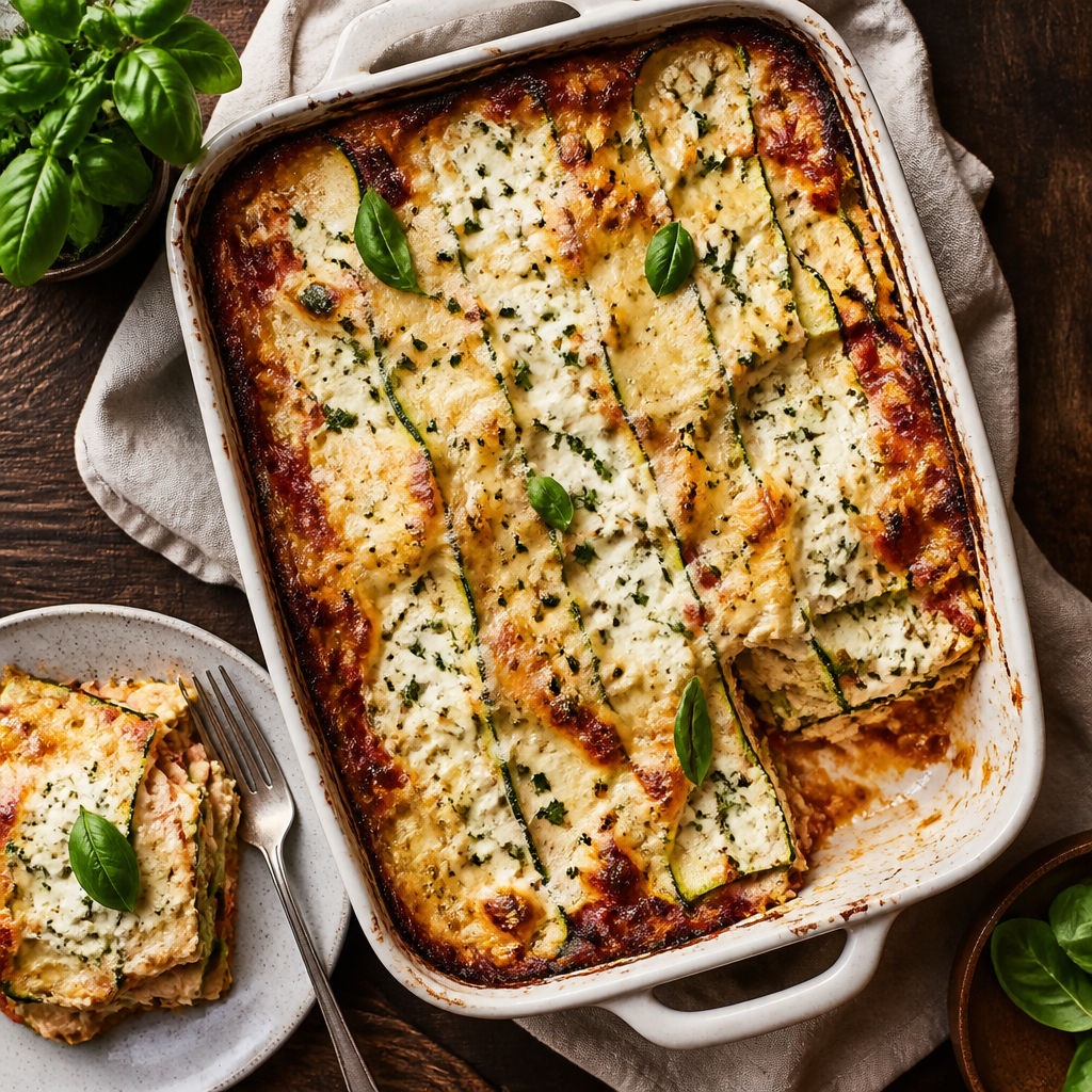 Zucchini Lasagna With Herbed Ricotta — Italian-American Dinner served and photographed from above