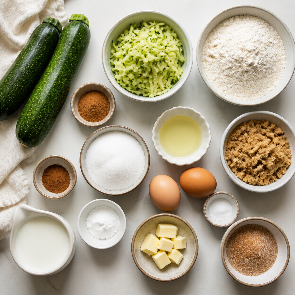 Overhead flat-lay of all ingredients for Zucchini Muffins With Spiced Cinnamon Sugar laid out on a kitchen surface.