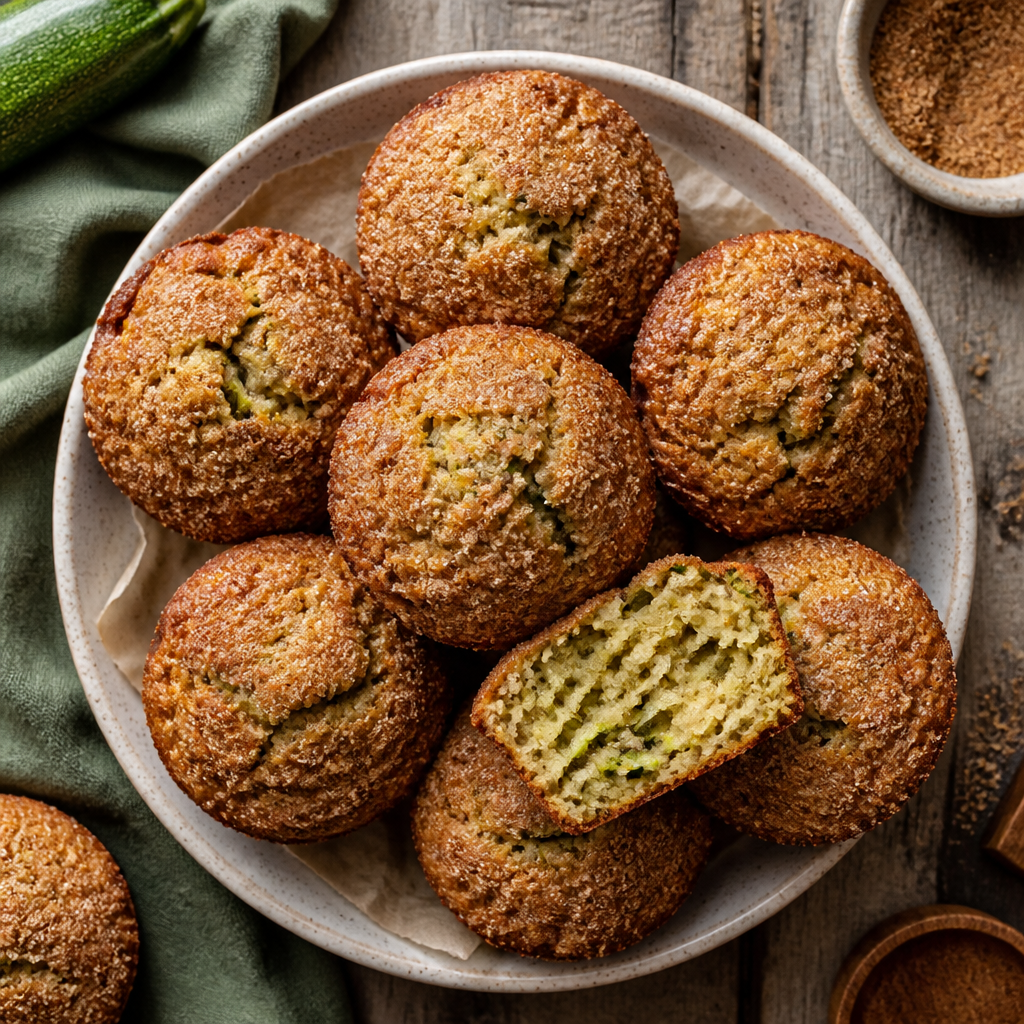 Zucchini Muffins With Spiced Cinnamon Sugar — American Breakfast served and photographed from above