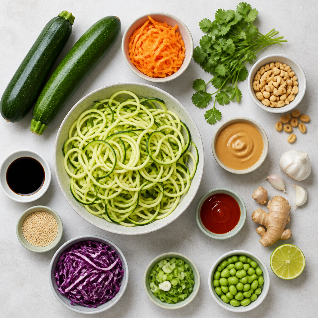 Overhead flat-lay of all ingredients for Zucchini Noodle Salad With Spicy Peanut Ginger laid out on a kitchen surface.