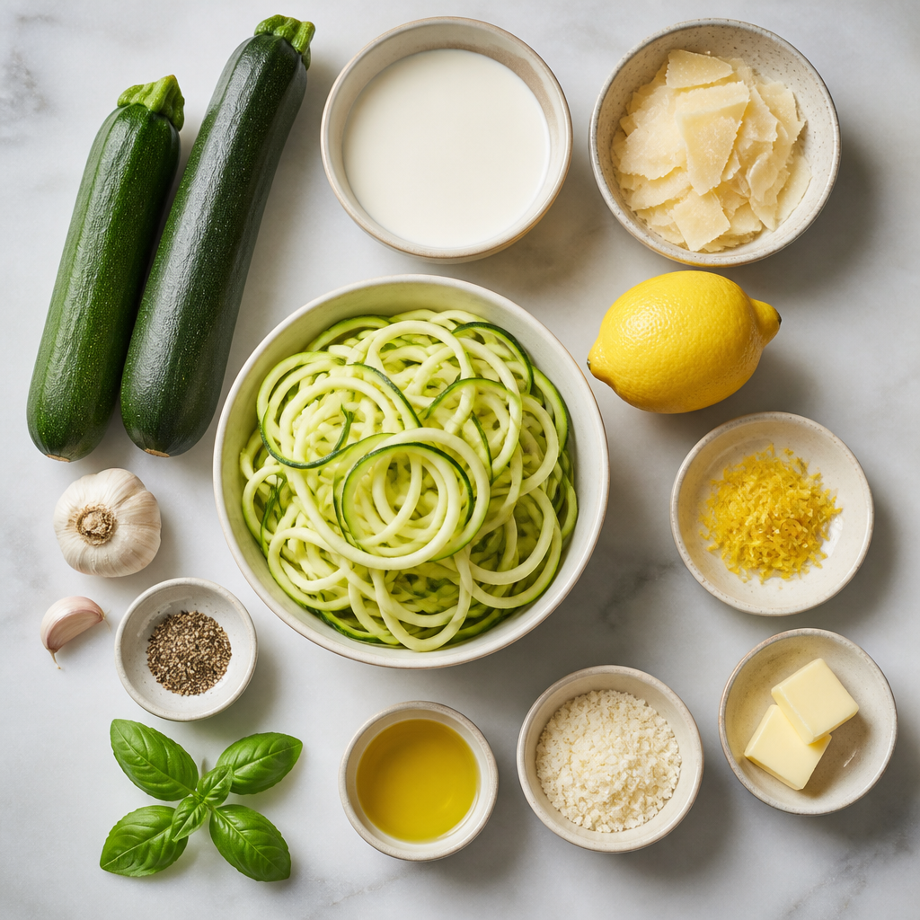Overhead flat-lay of all ingredients for Zucchini Pasta With Lemon Cream laid out on a kitchen surface.