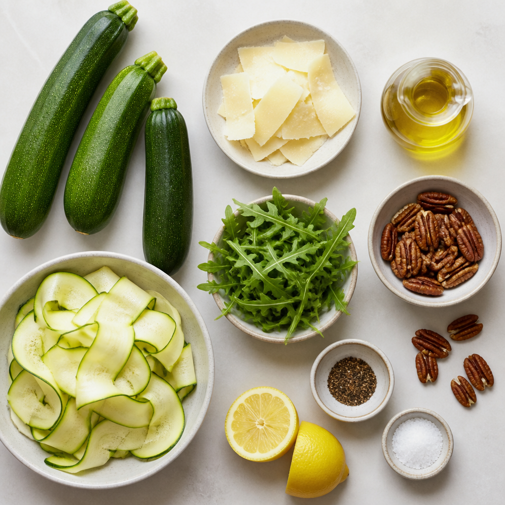 Overhead flat-lay of all ingredients for Zucchini Salad With Shaved Pecorino laid out on a kitchen surface.