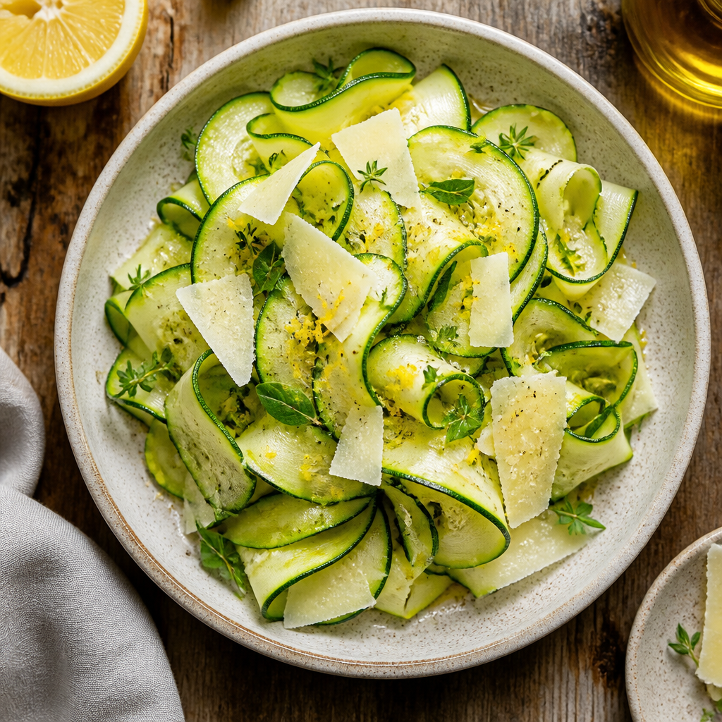 Zucchini Salad With Shaved Pecorino — Italian Salad served and photographed from above