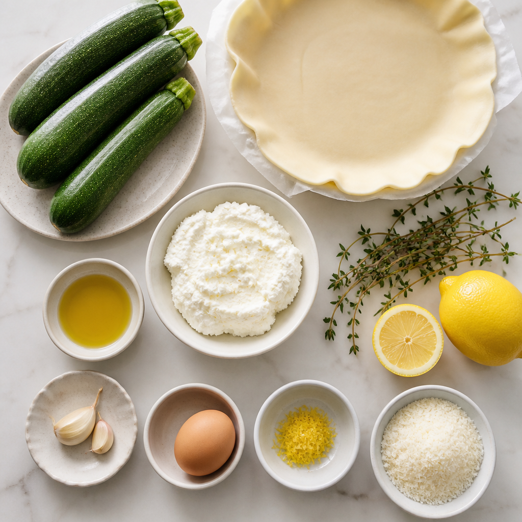 Overhead flat-lay of all ingredients for Zucchini Tart With Ricotta And Lemon laid out on a kitchen surface.