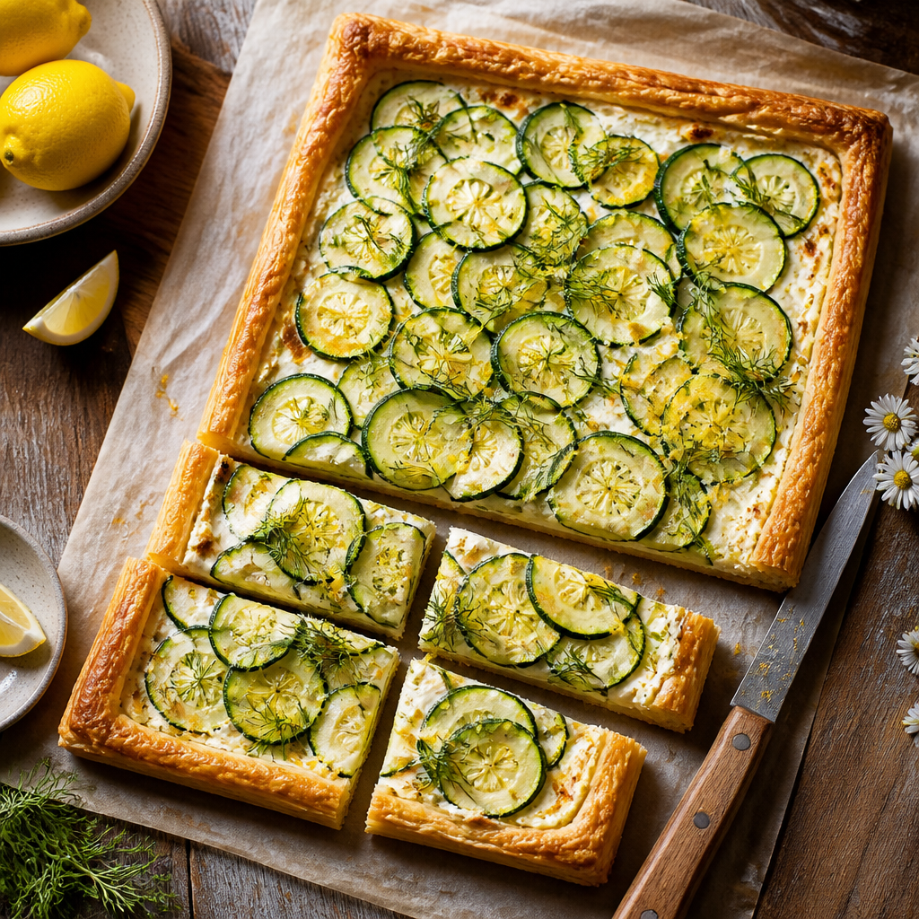 Zucchini Tart With Ricotta And Lemon — French-inspired Appetizer served and photographed from above