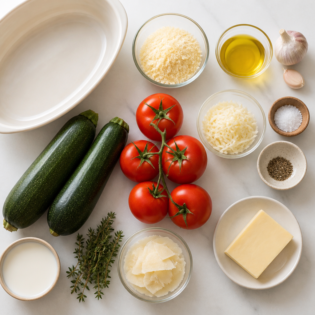 Overhead flat-lay of all ingredients for Zucchini Tomato Gratin With Parmesan Crust laid out on a kitchen surface.