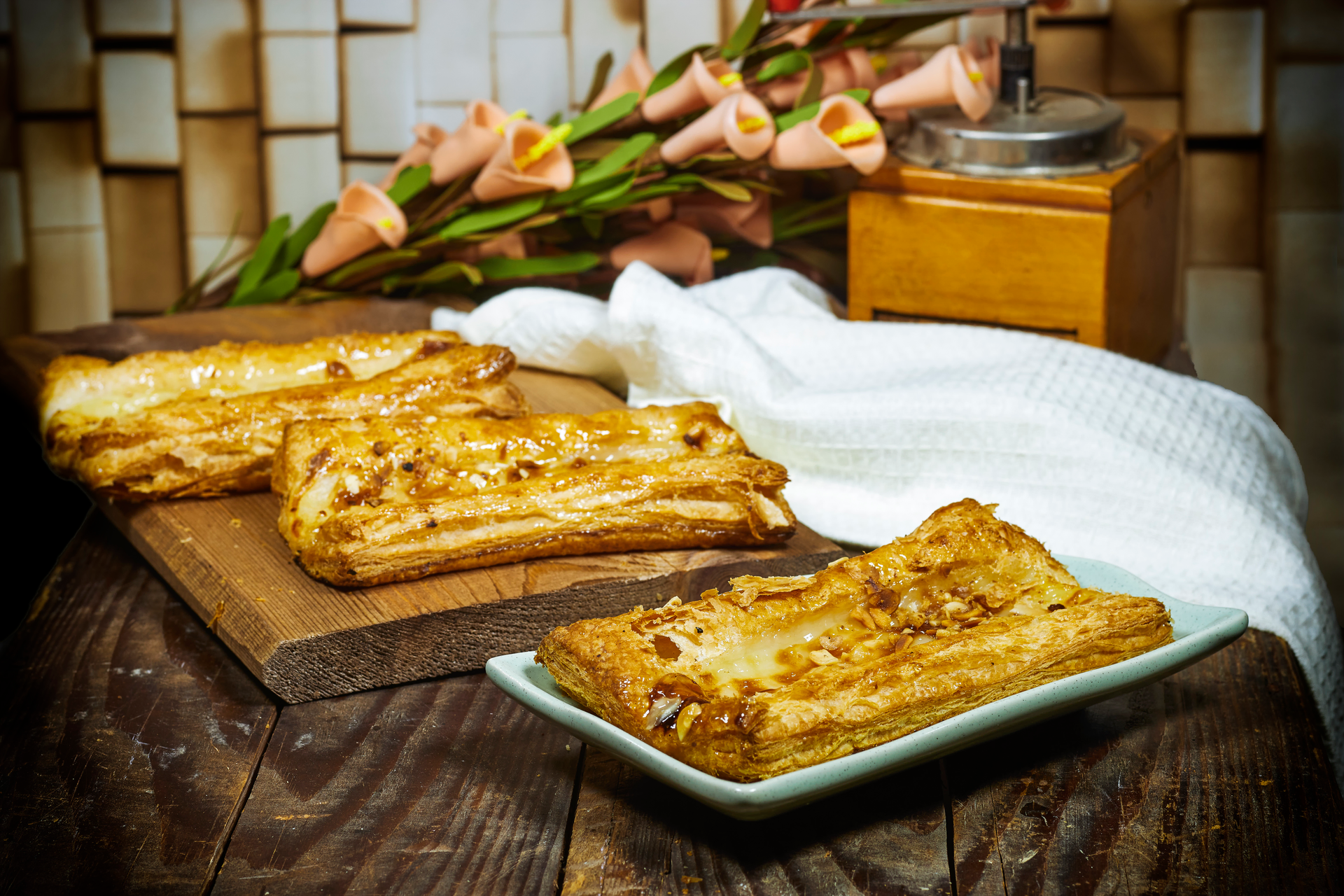 Overhead flat-lay of all ingredients for Glazed Bulgarian Banitsa with Apple Spice Filling laid out on a kitchen surface.