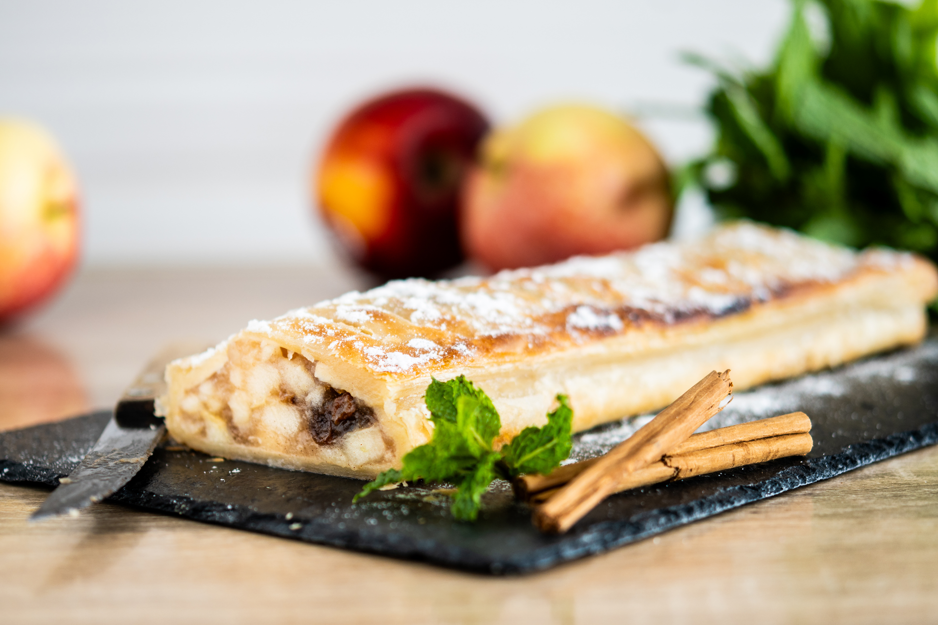 Glazed Bulgarian Banitsa with Apple Spice Filling — Dessert served and photographed from above