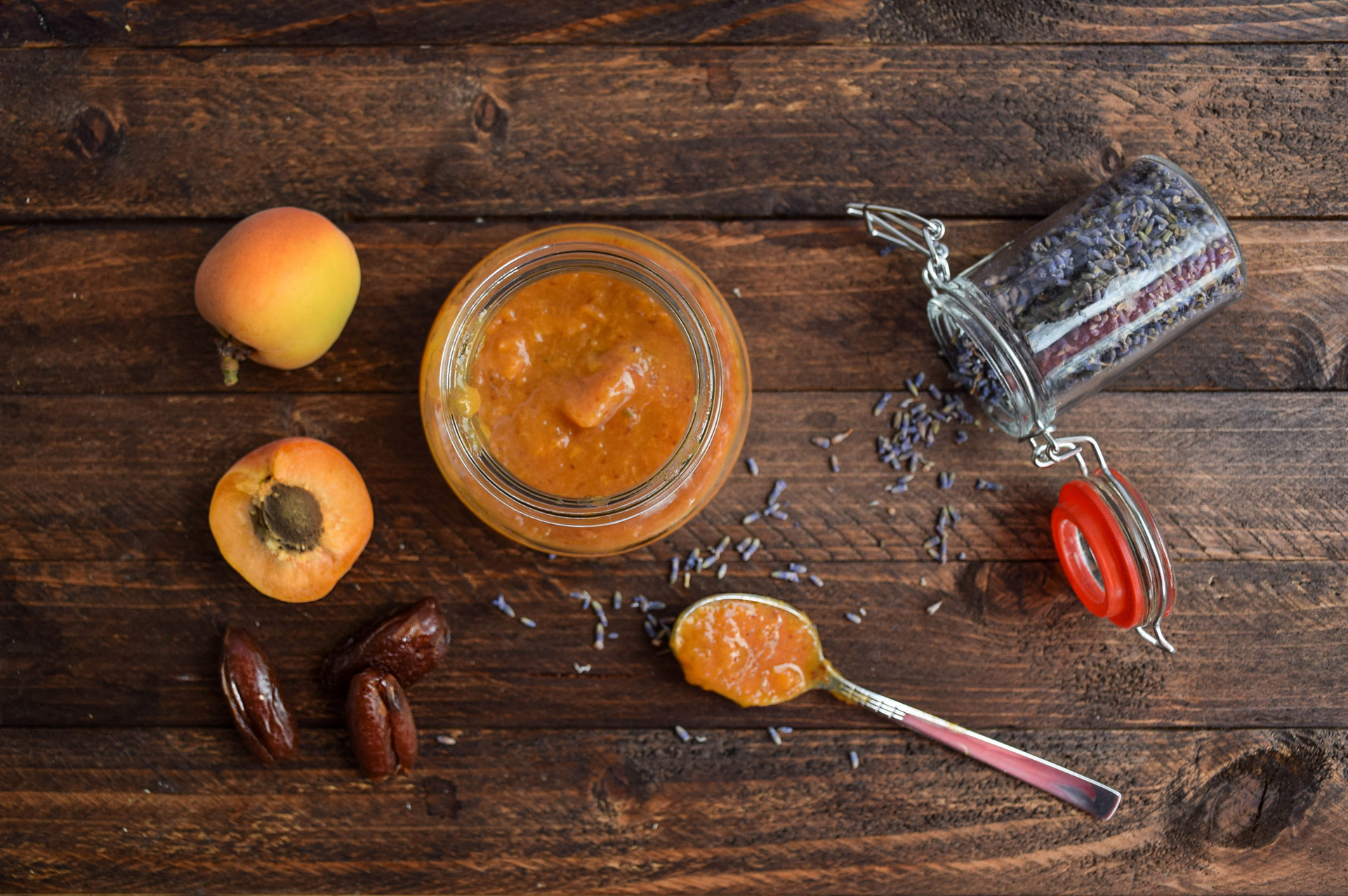 Overhead flat-lay of all ingredients for Golden Moroccan Apricot and Fennel Seed Preserve laid out on a kitchen surface.