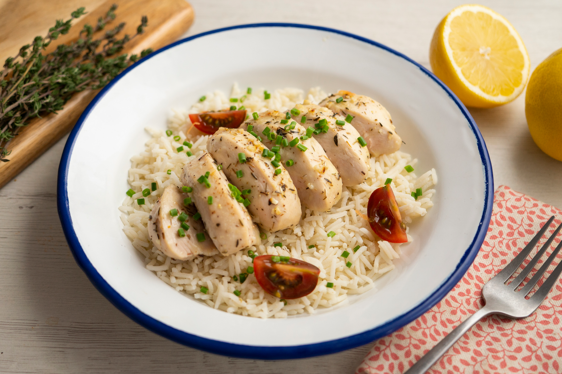 Greek Avgolemono Baked Chicken with Rice and Dill — Main Course served and photographed from above