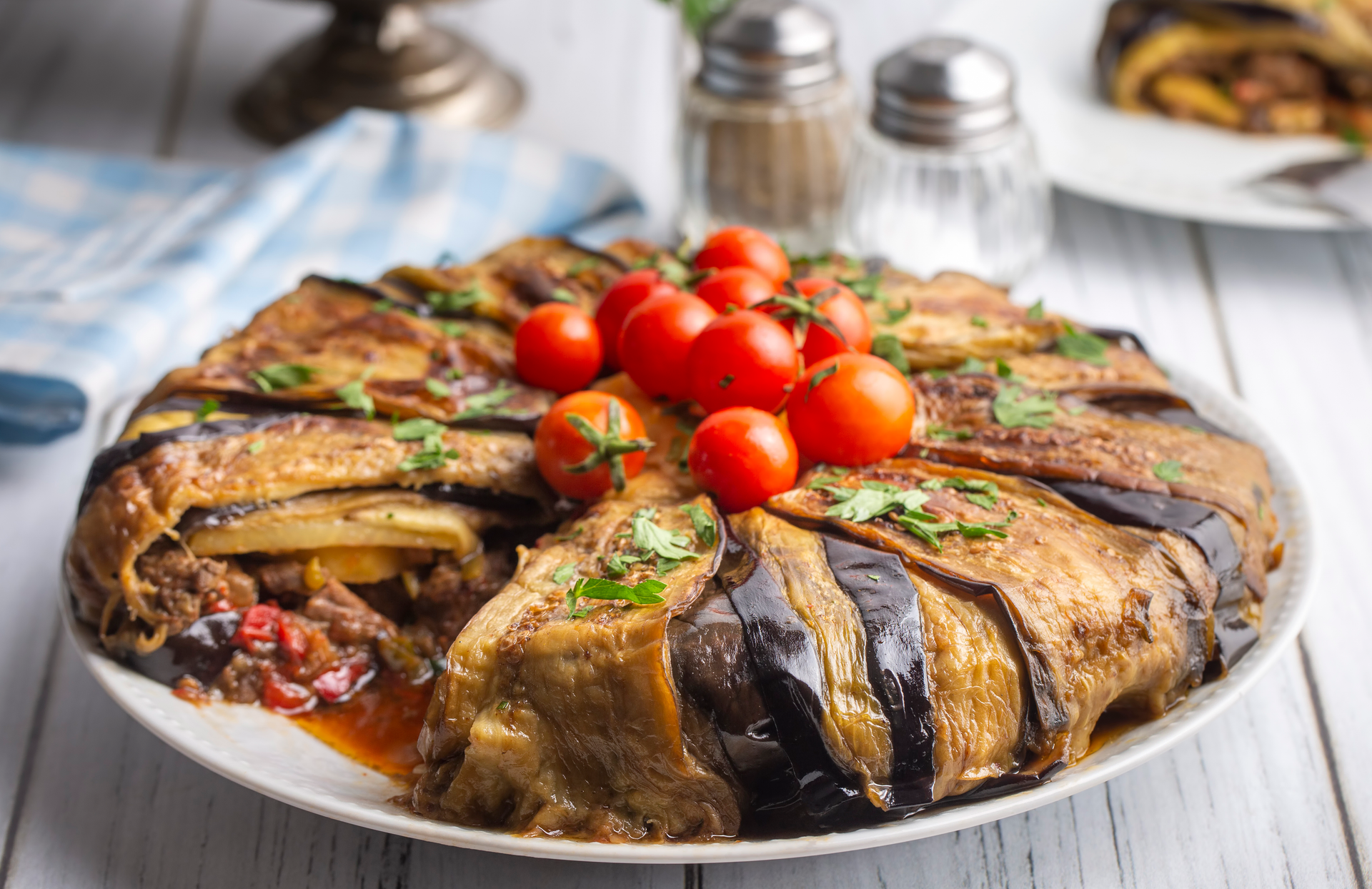 Greek Eggplant Moussaka — Main Course served and photographed from above