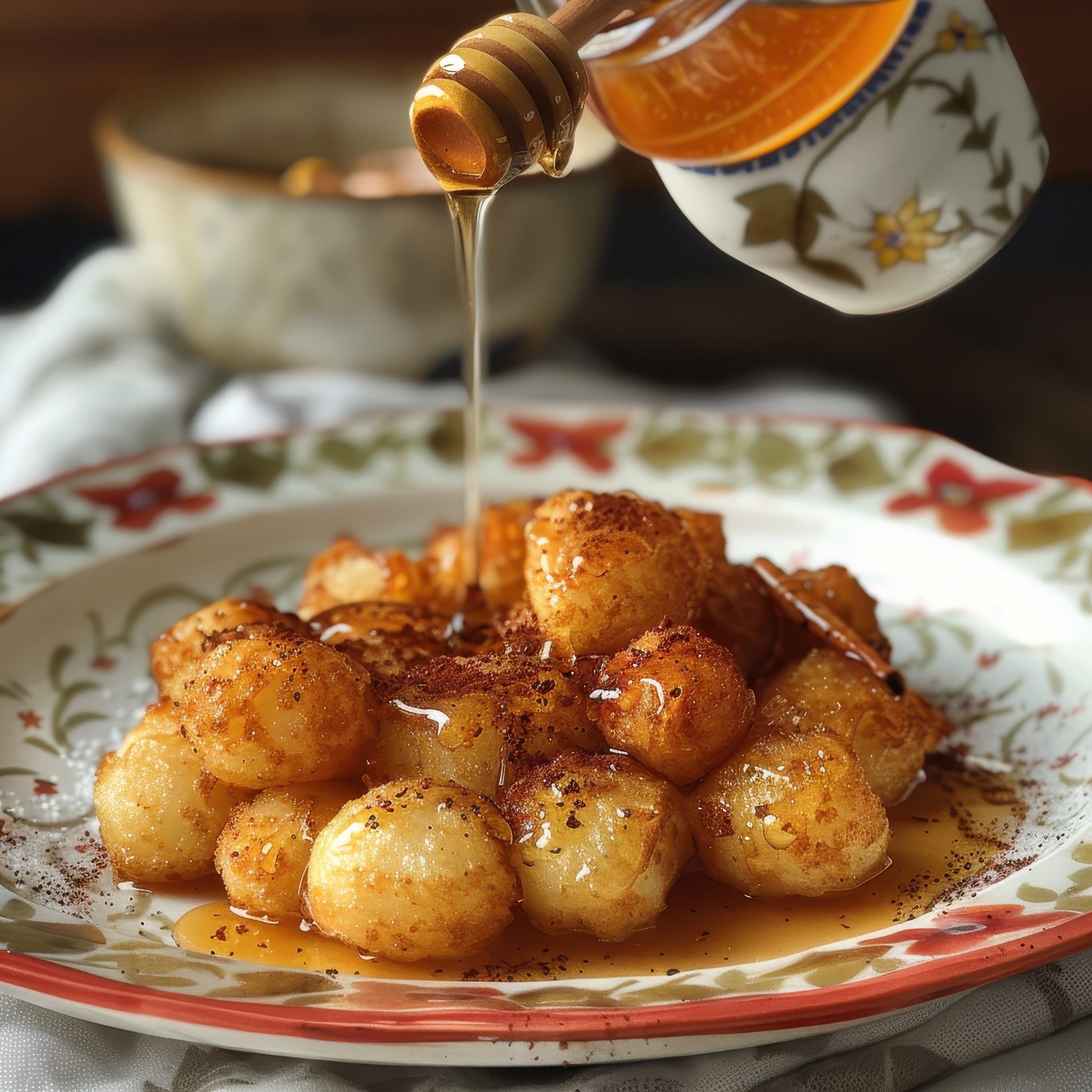 Overhead flat-lay of all ingredients for Greek Honey-Drizzled Loukoumades with Cinnamon Sugar laid out on a kitchen surface.