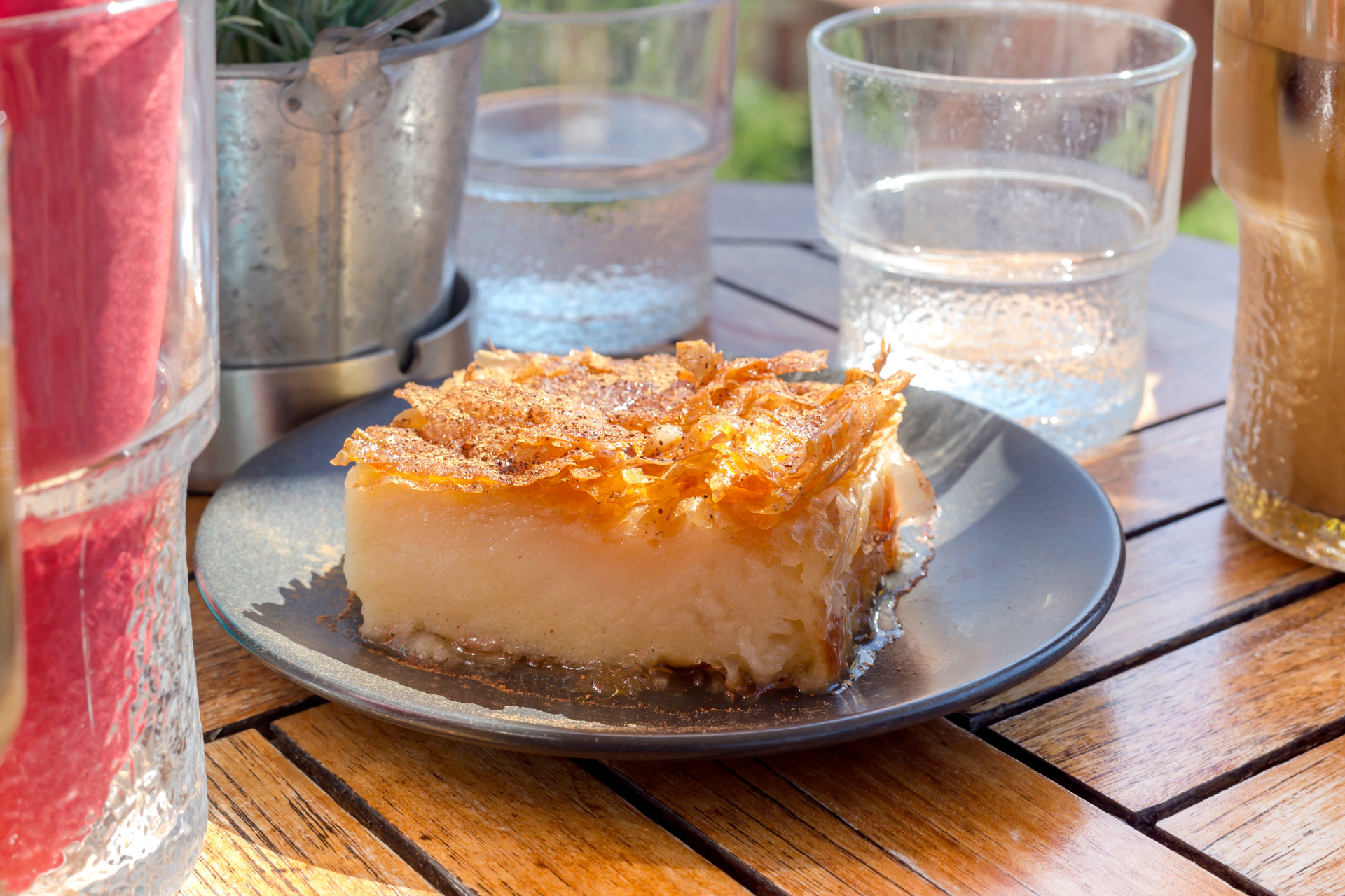 Greek Lemon-Lavender Baklava Cheesecake with Honey Syrup — Dessert served and photographed from above