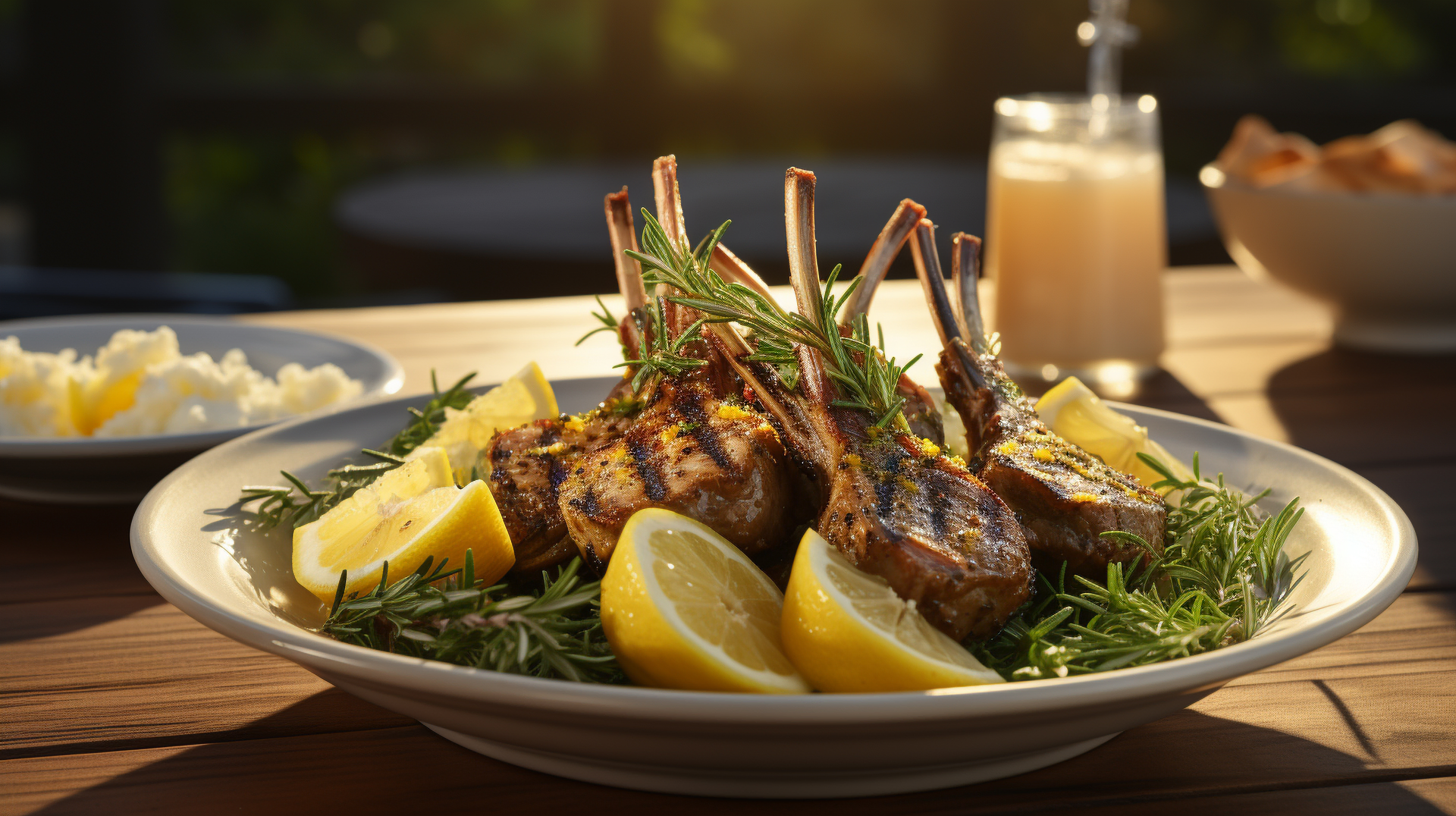Overhead flat-lay of all ingredients for Greek Yogurt and Dill Marinated Lamb Chops with Lemon Zest laid out on a kitchen surface.