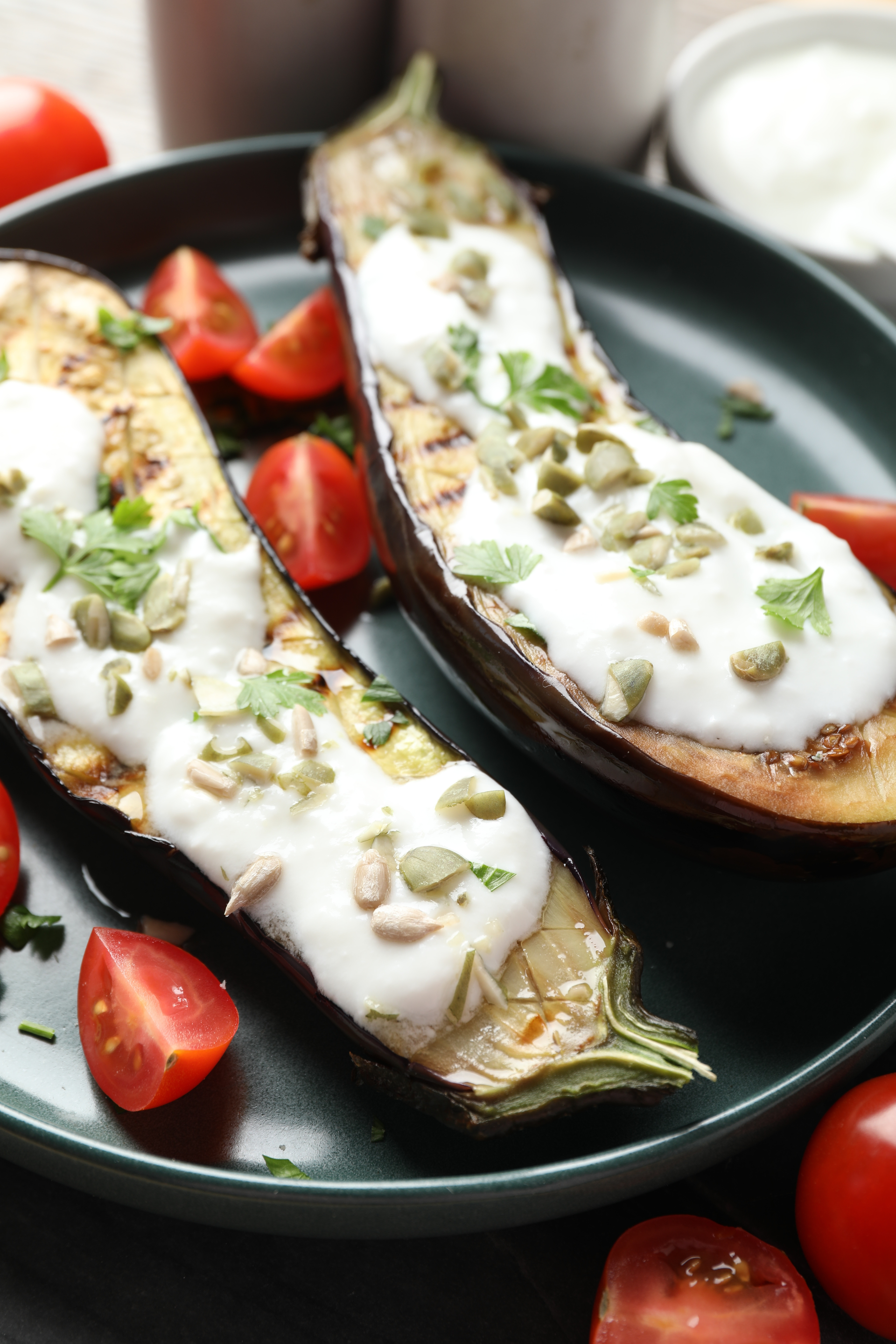 Greek Yogurt Marinated Grilled Eggplant with Mint Oil — Main Course served and photographed from above