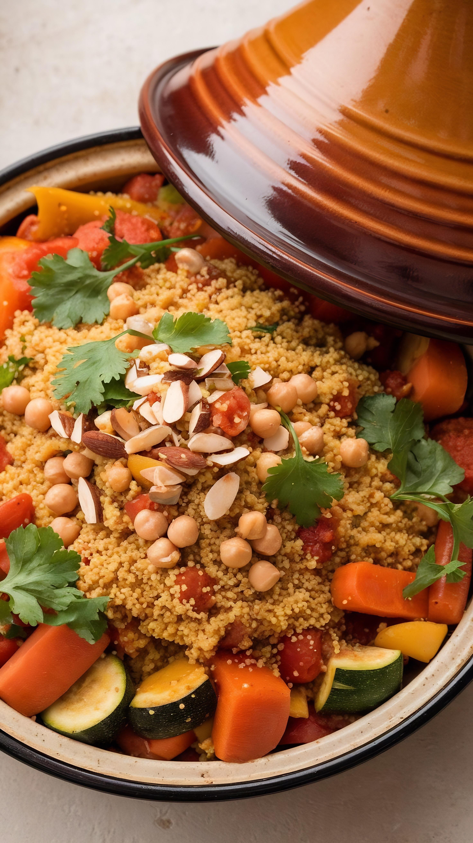 Overhead flat-lay of all ingredients for Harvest Spice Moroccan Couscous Bowl with Roasted Butternut Squash laid out on a kitchen surface.