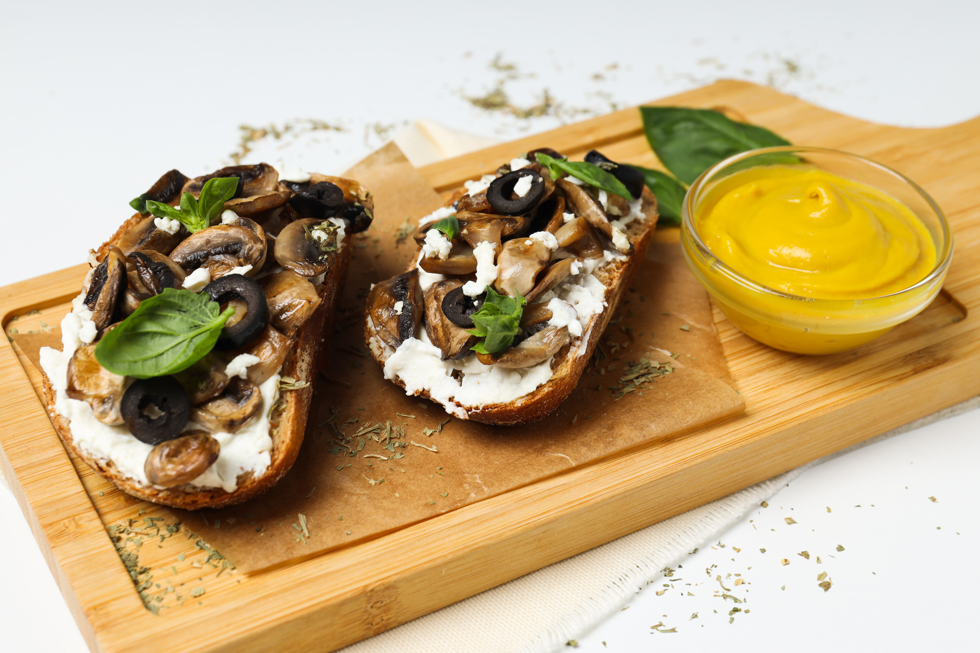 Hearty Ale Bread with Leek and Mushroom Butter — Appetizer served and photographed from above