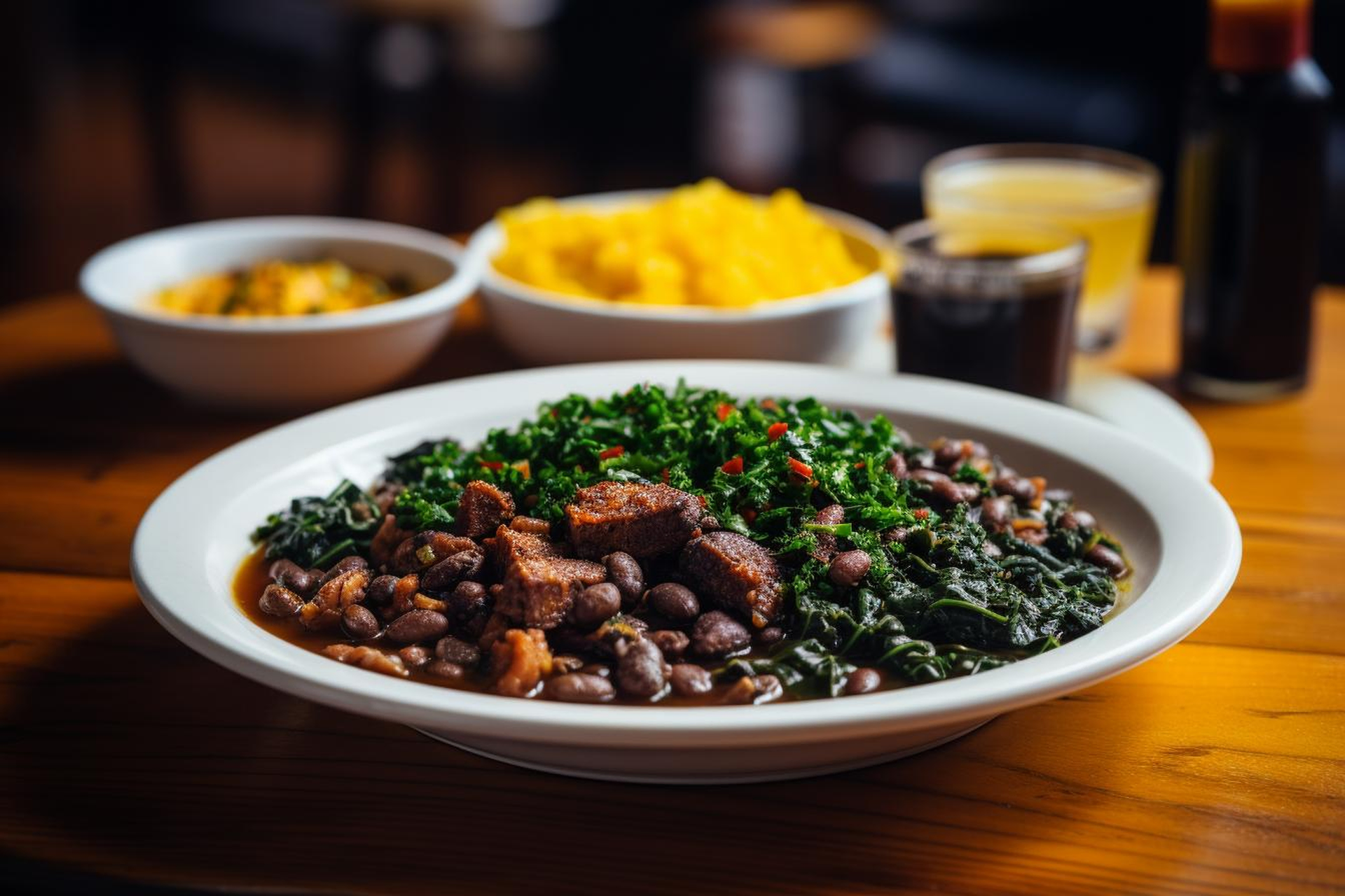 Overhead flat-lay of all ingredients for Hearty Brazilian Feijoada with Black Beans and Collard Greens laid out on a kitchen surface.