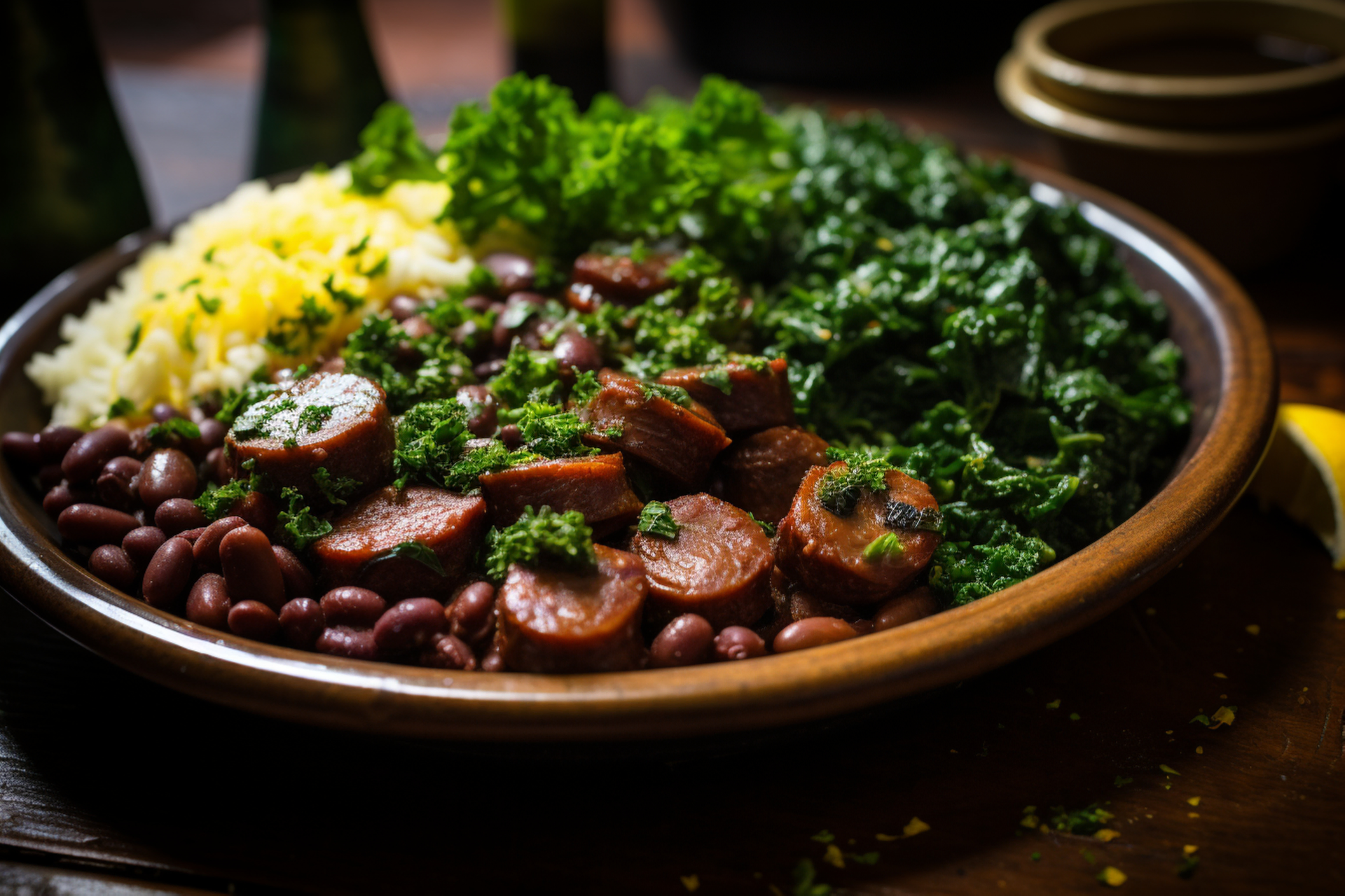 Hearty Brazilian Feijoada with Black Beans and Collard Greens — Main Course served and photographed from above
