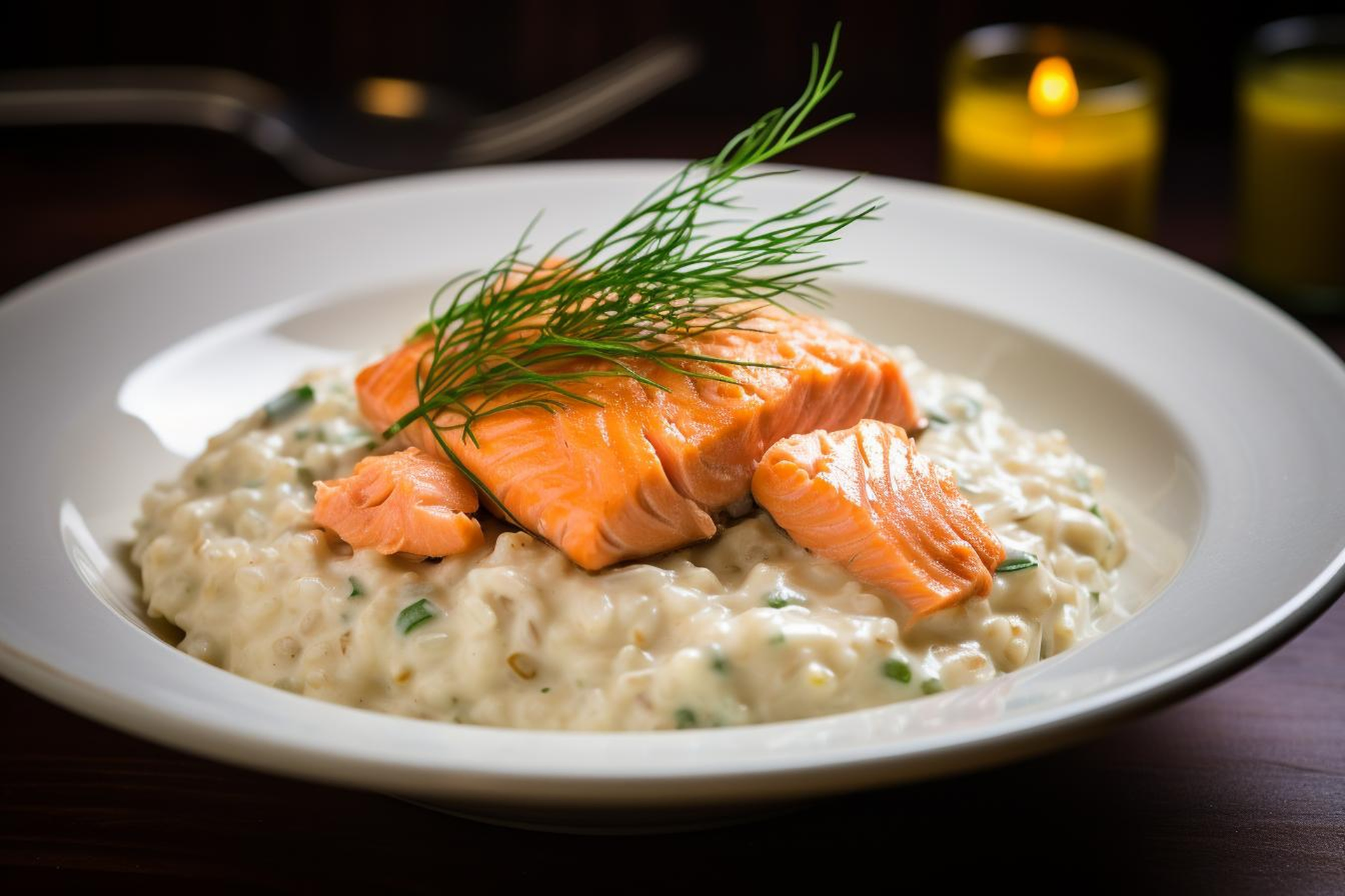 Overhead flat-lay of all ingredients for Hearty Finnish Salmon with Dill Cream and Barley Risotto laid out on a kitchen surface.