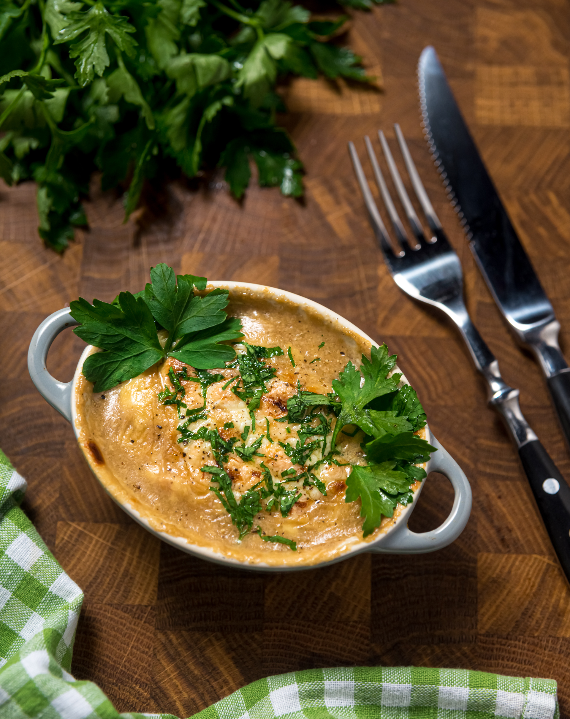 Hearty Hungarian Csirkepaprikás with Sour Cream — Main Course served and photographed from above