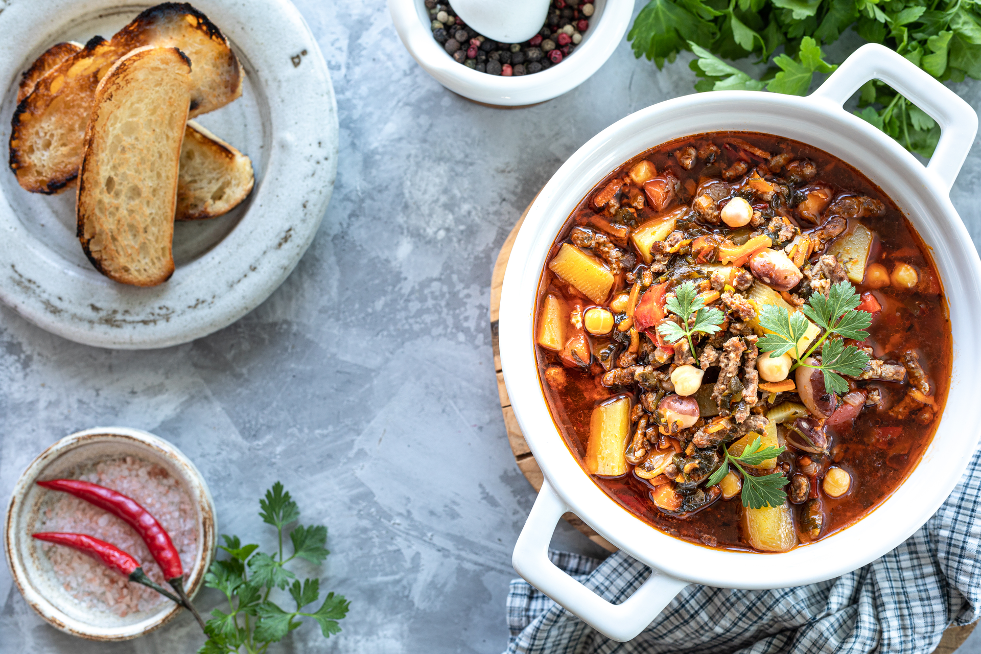 Hearty Hungarian Gulyás Soup with Beef and Paprika — Soup served and photographed from above