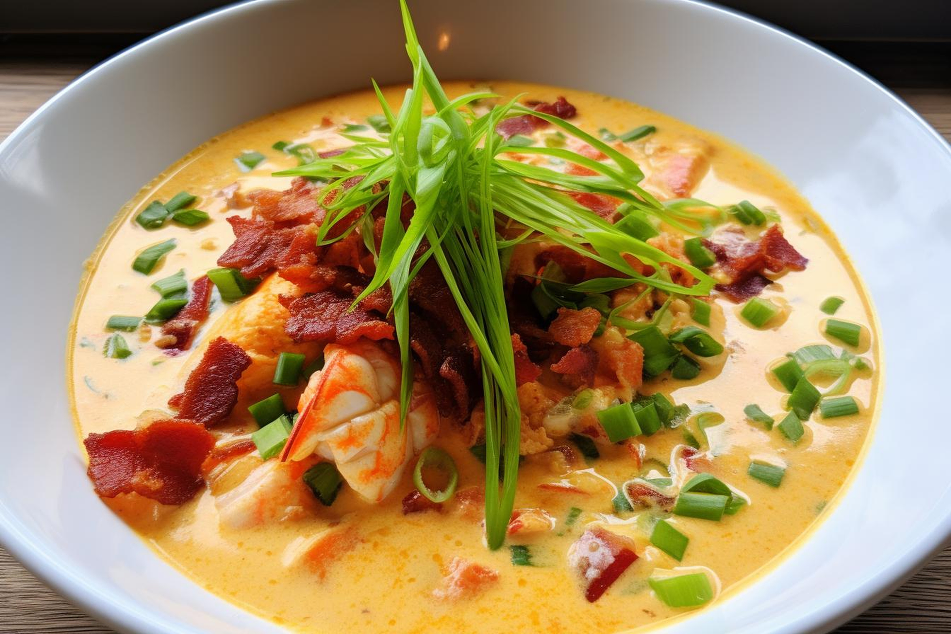 Overhead flat-lay of all ingredients for Hearty Irish Seafood Chowder with Leeks and Bacon laid out on a kitchen surface.