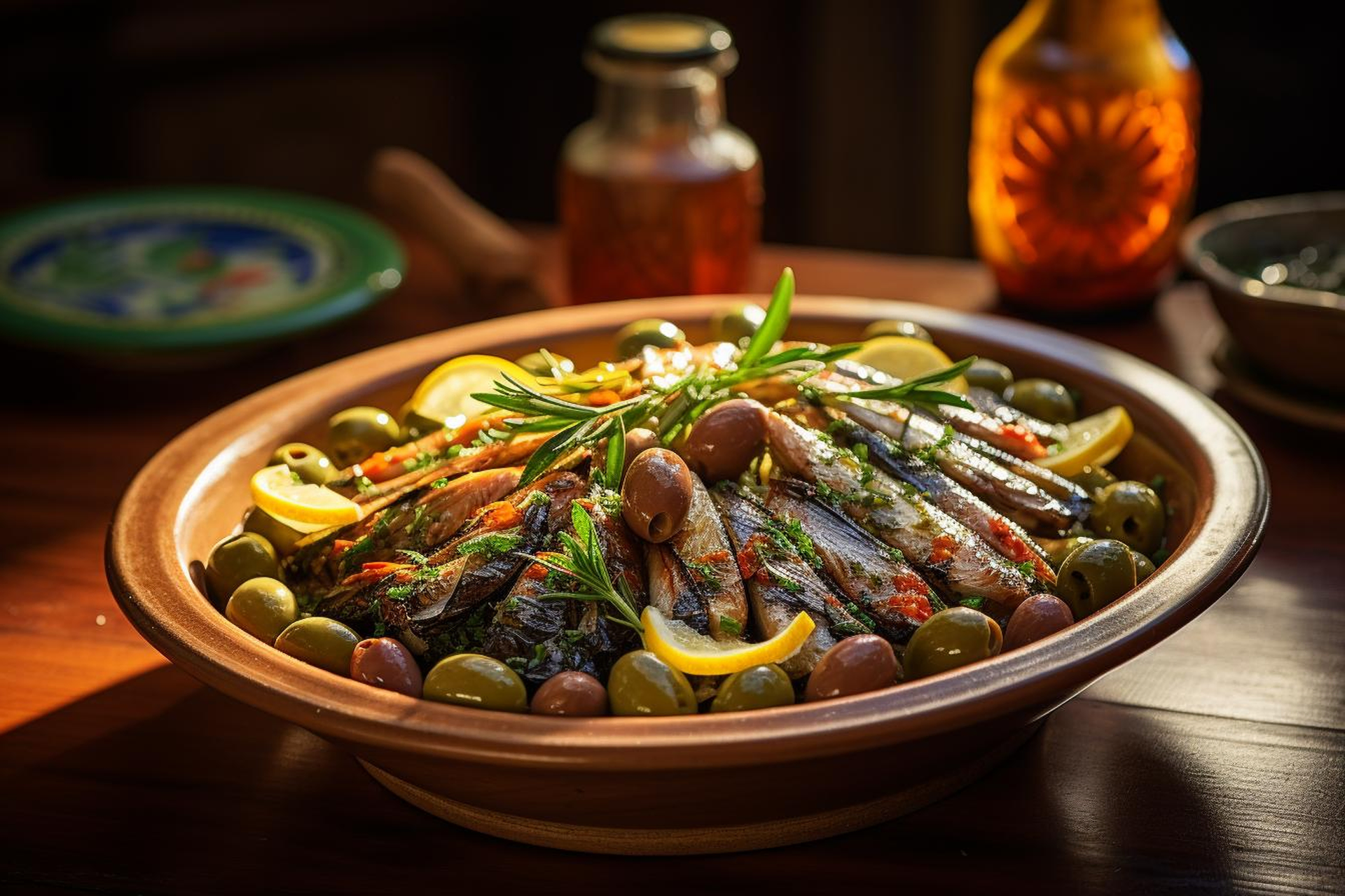 Hearty Moroccan Fish Tagine with Olives and Capers — Main Course served and photographed from above