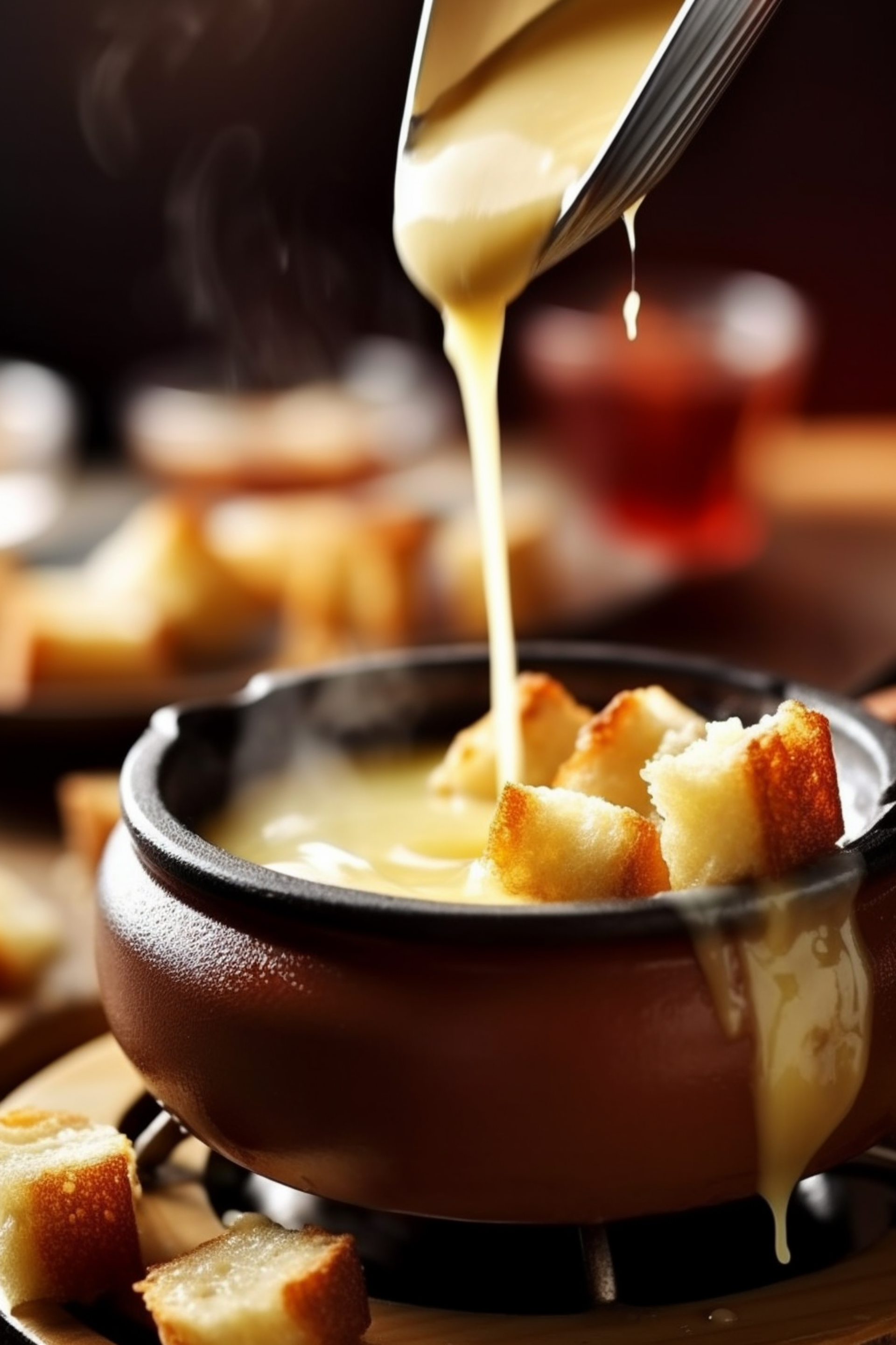 Overhead flat-lay of all ingredients for Hearty Swiss Cheese Fondue laid out on a kitchen surface.