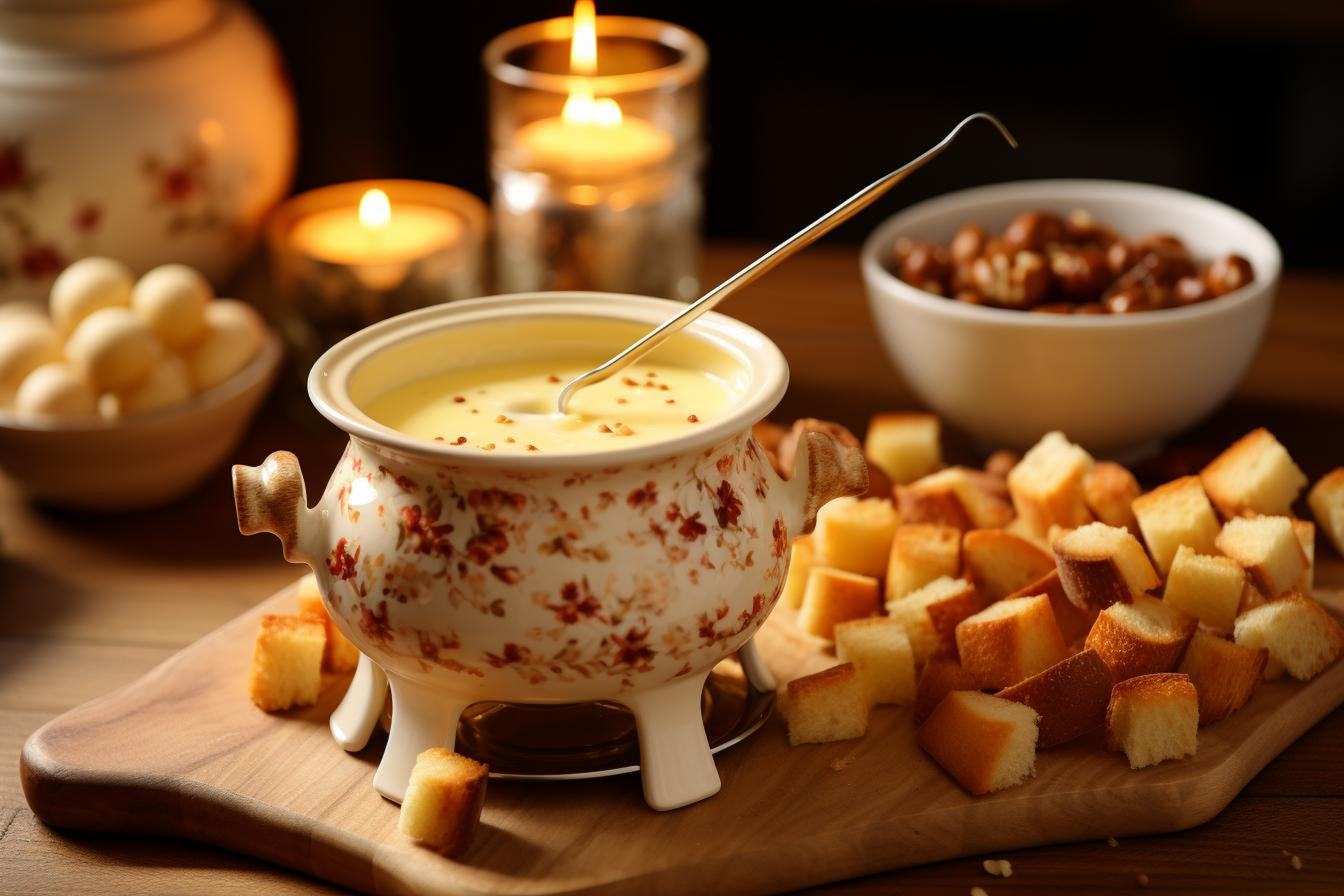 Hearty Swiss Cheese Fondue — Appetizer served and photographed from above