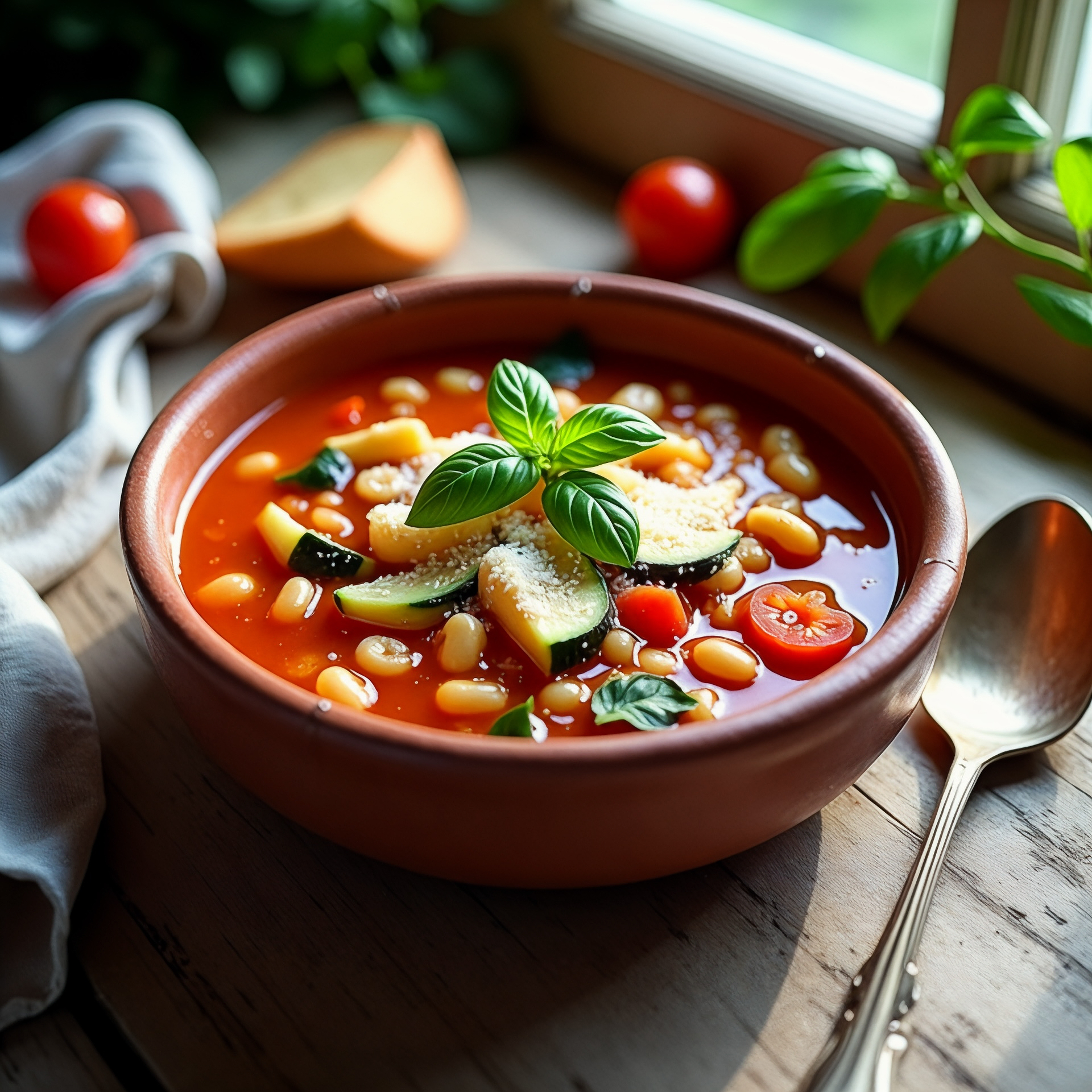 Overhead flat-lay of all ingredients for Hearty Tuscan Ribollita with Tomatoes and White Beans laid out on a kitchen surface.