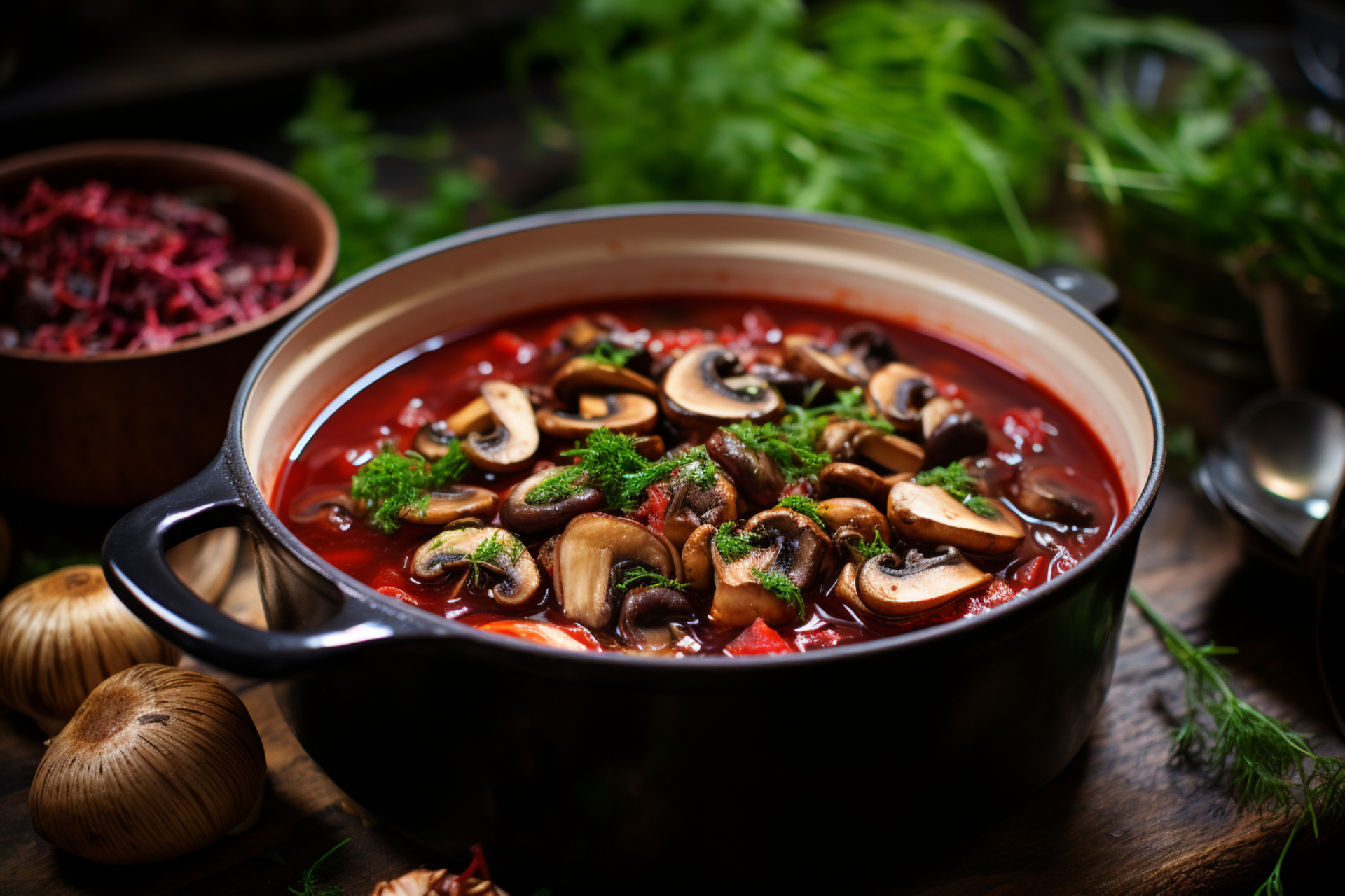 Hearty Ukrainian Borscht with Wild Mushrooms — Soup served and photographed from above
