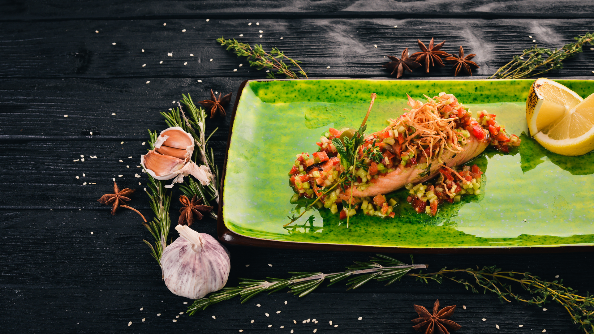 Herb-Crusted Vietnamese Lemongrass Fish Fillets with Garlic — Main Course served and photographed from above