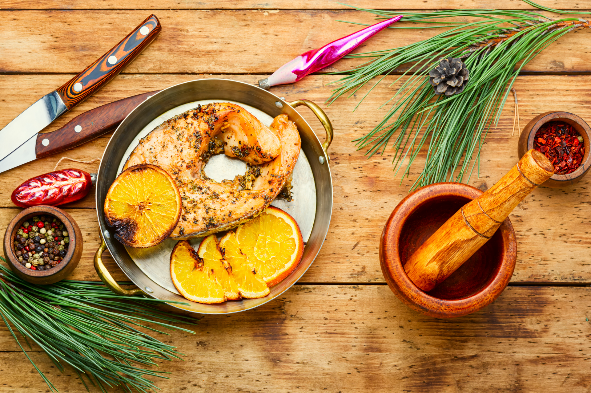 Overhead flat-lay of all ingredients for Herb Infused Moroccan Chicken with Preserved Lemon and Quince laid out on a kitchen surface.
