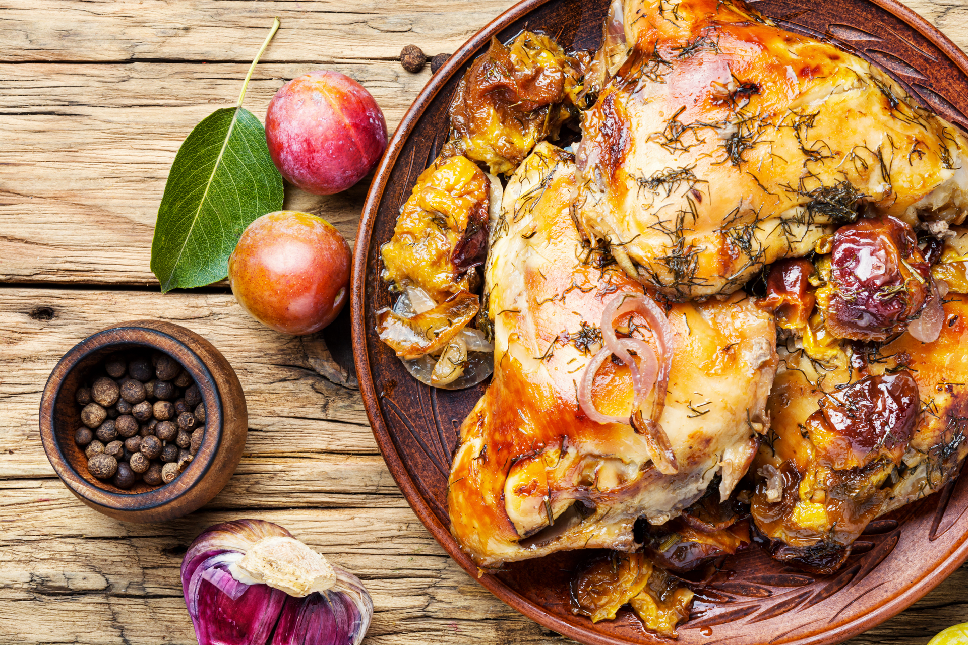 Herb Infused Moroccan Chicken with Preserved Lemon and Quince — Main Course served and photographed from above