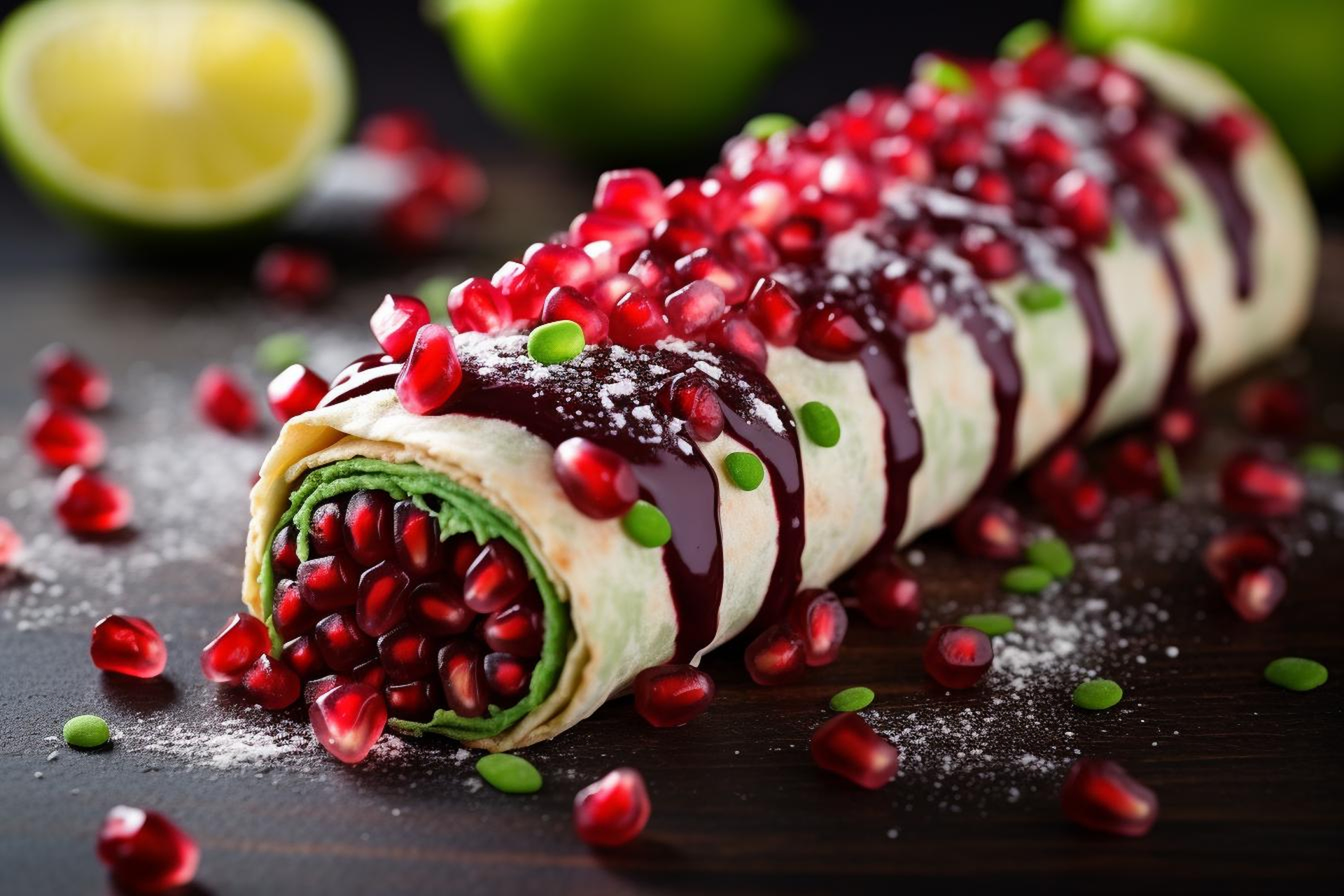 Overhead flat-lay of all ingredients for Herbaceous Armenian Lavash Rolls with Pomegranate Arils laid out on a kitchen surface.