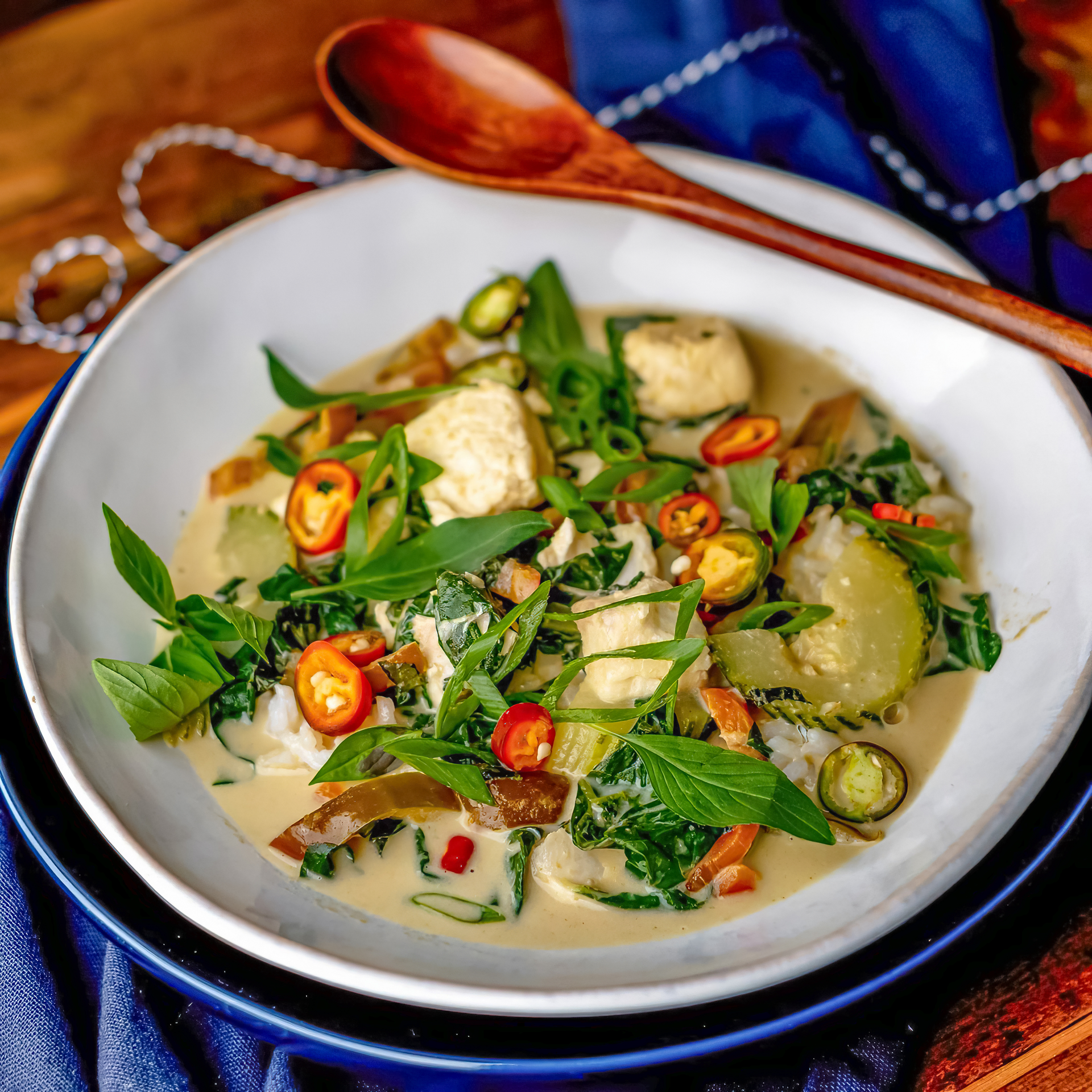 Herbaceous Caribbean Callaloo with Salted Cod and Coconut — Main Course served and photographed from above