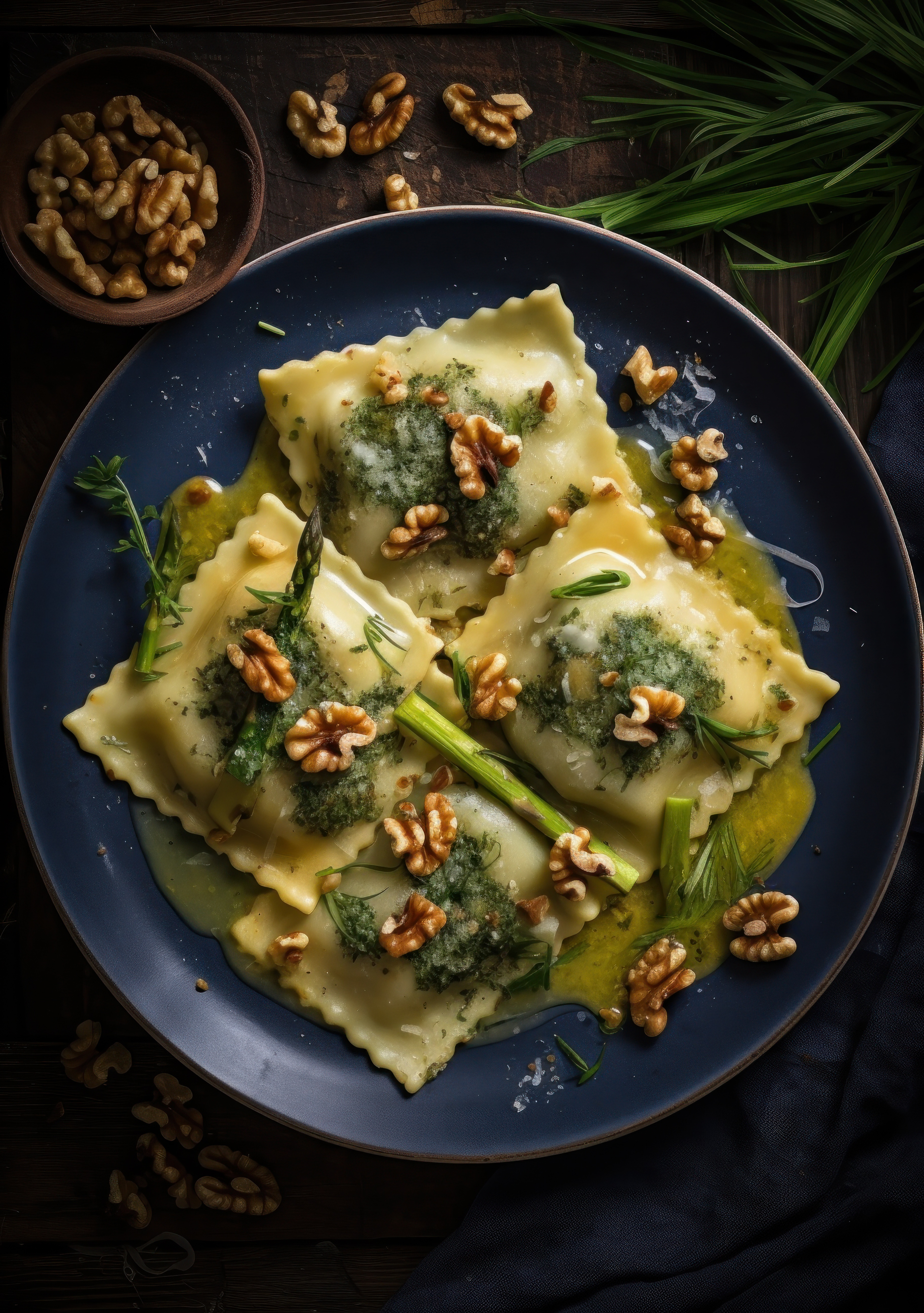 Overhead flat-lay of all ingredients for Herbaceous Italian Agnolotti with Sage Brown Butter Sauce laid out on a kitchen surface.