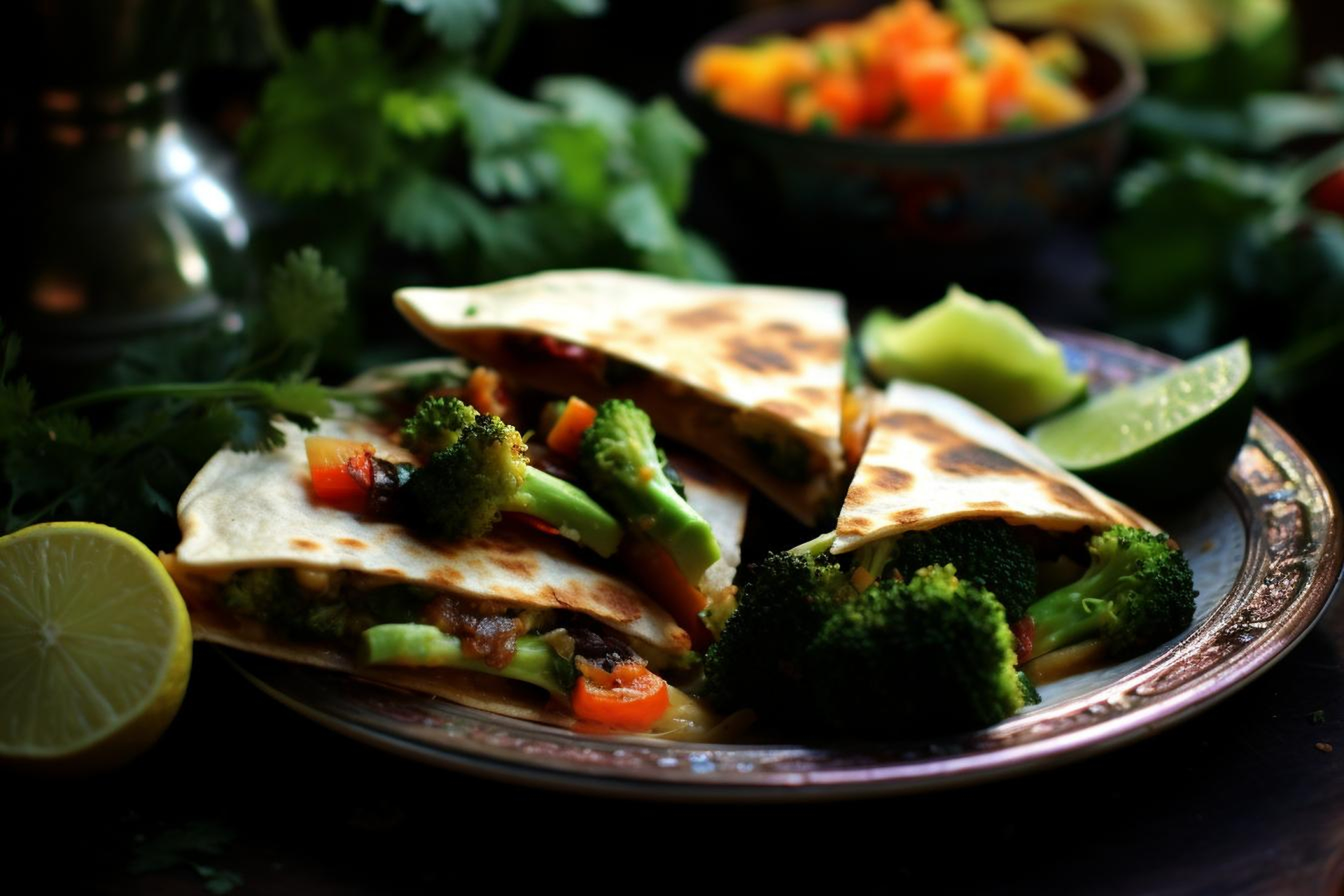 Overhead flat-lay of all ingredients for Herbaceous Mexican Huitlacoche Quesadillas with Epazote laid out on a kitchen surface.
