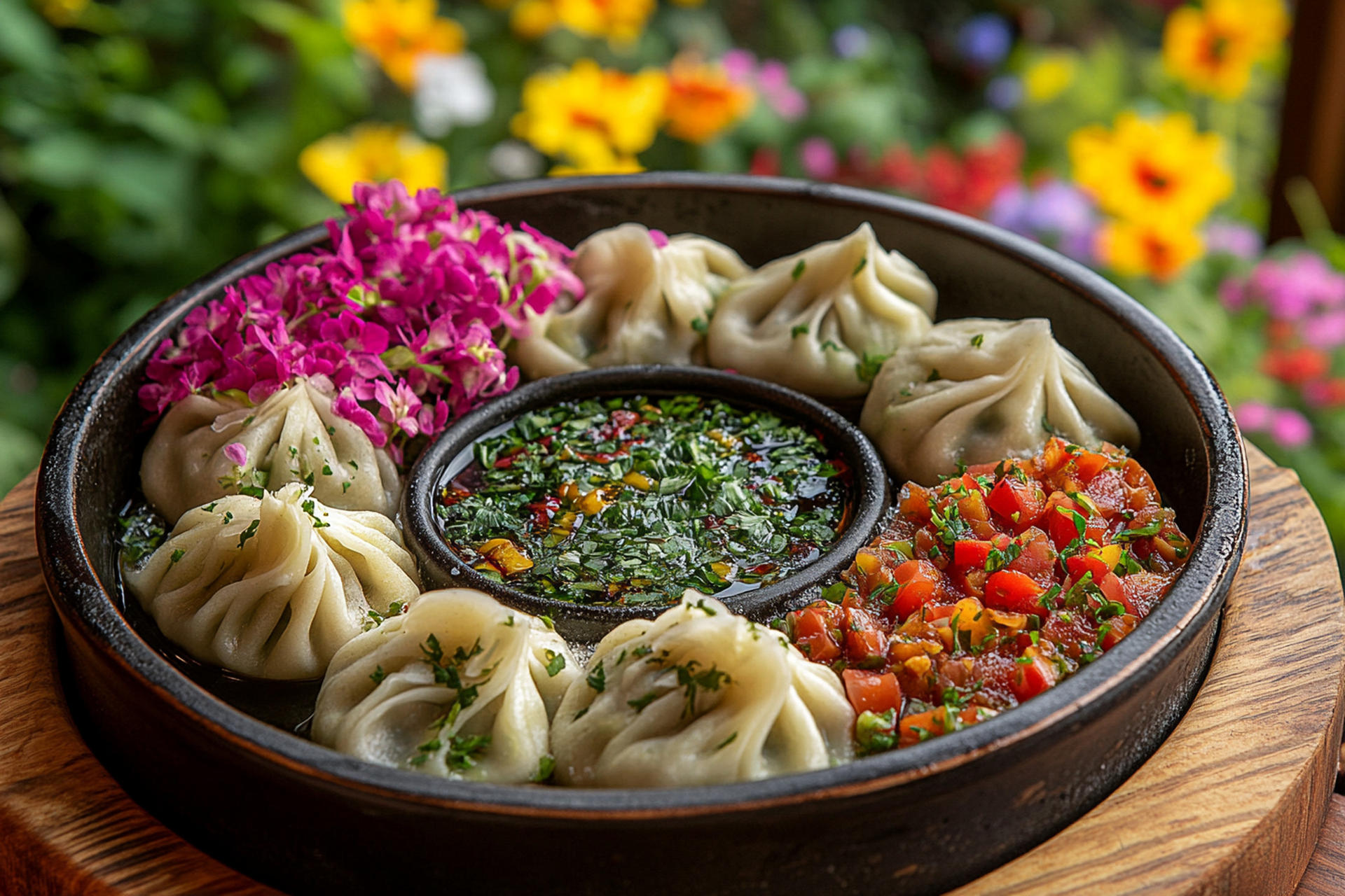 Overhead flat-lay of all ingredients for Himalayan Yeti's Delight Dumplings with Spiced Yak Meat laid out on a kitchen surface.
