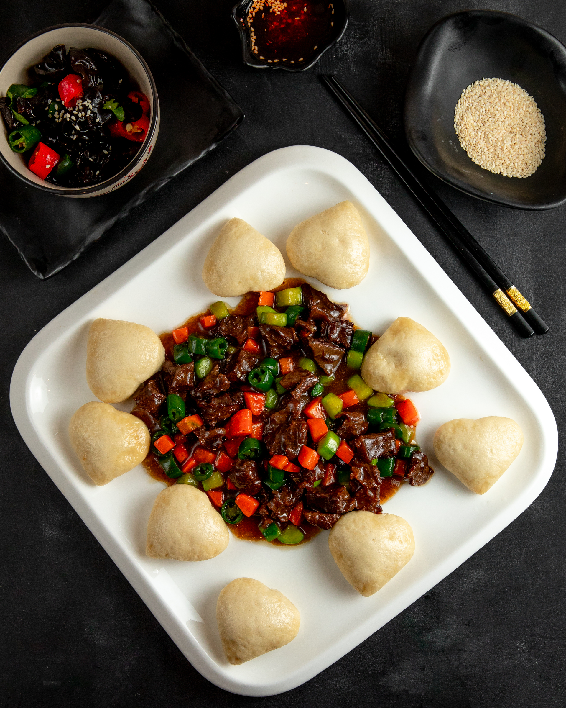 Himalayan Yeti's Delight Dumplings with Spiced Yak Meat — Main Course served and photographed from above