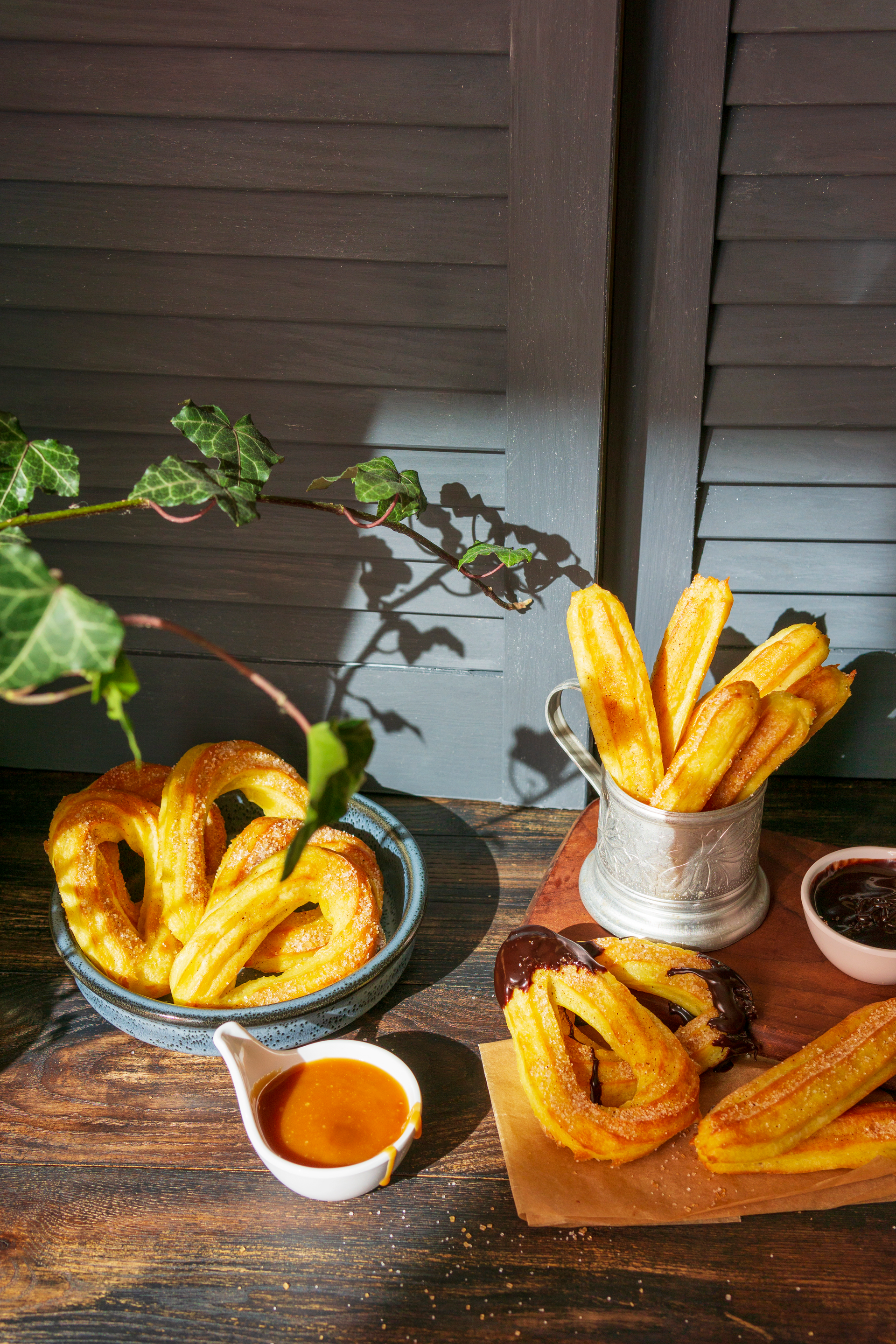 Honey-Lemon Spanish Churros with Whipped Cream — Dessert served and photographed from above