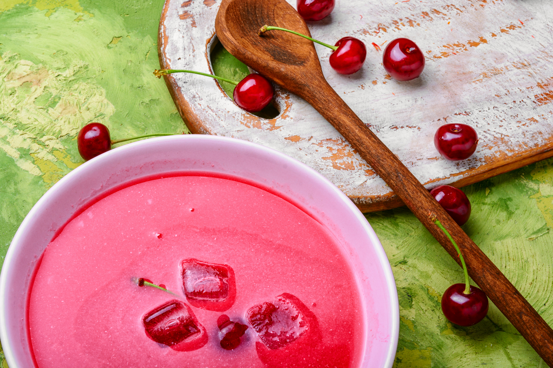 Hungarian Cherry Soup with Vanilla Cream — Dessert served and photographed from above